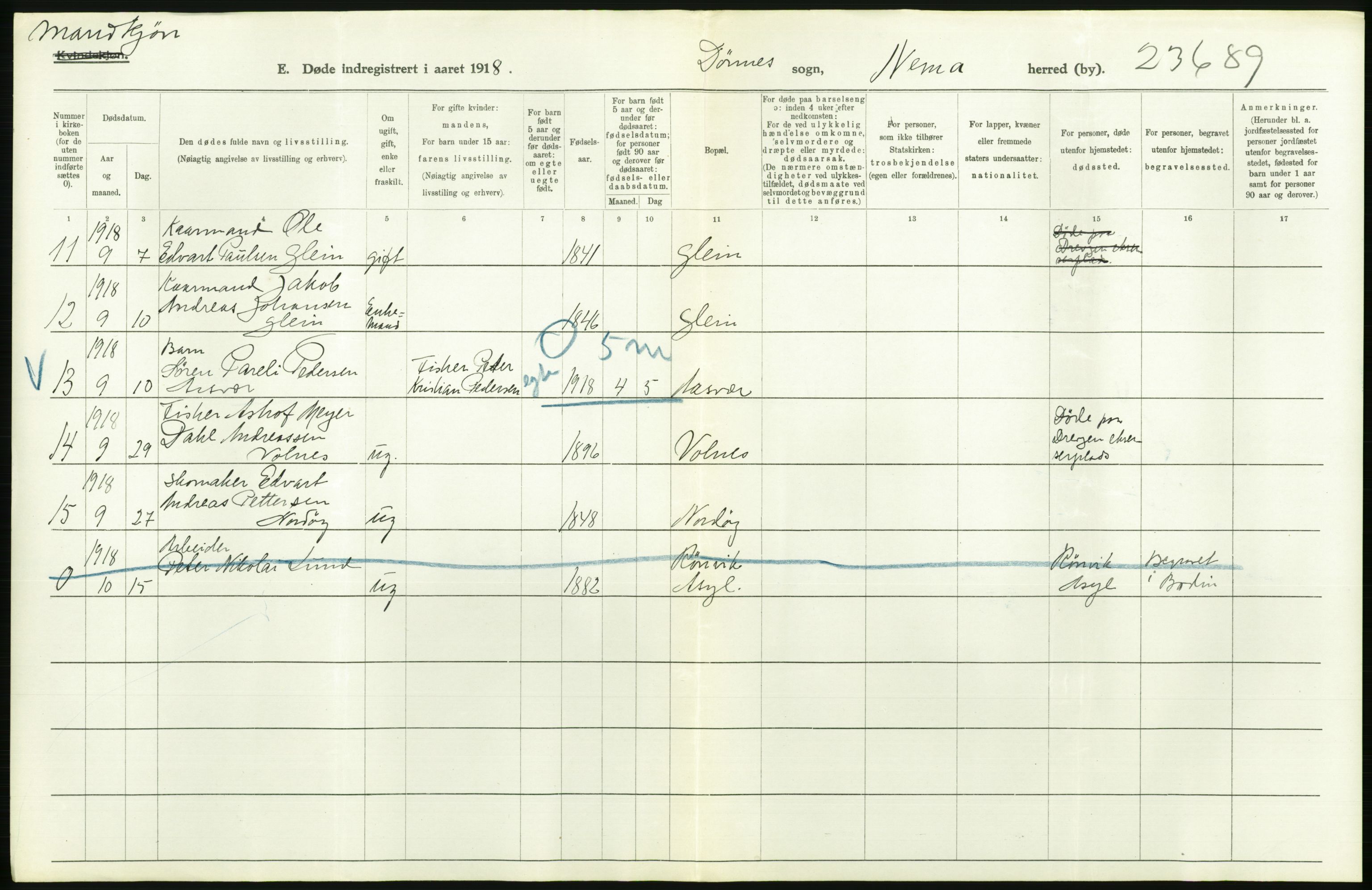 Statistisk sentralbyrå, Sosiodemografiske emner, Befolkning, AV/RA-S-2228/D/Df/Dfb/Dfbh/L0055: Nordland fylke: Døde. Bygder og byer., 1918, p. 122