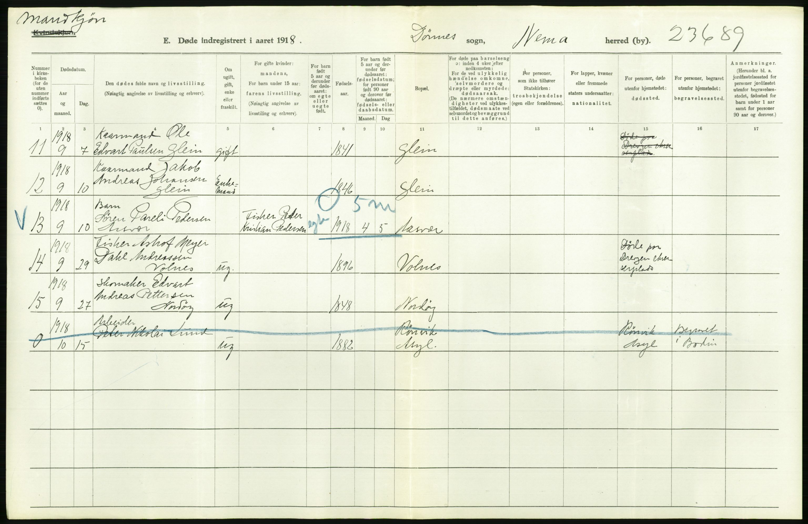 Statistisk sentralbyrå, Sosiodemografiske emner, Befolkning, RA/S-2228/D/Df/Dfb/Dfbh/L0055: Nordland fylke: Døde. Bygder og byer., 1918, p. 122