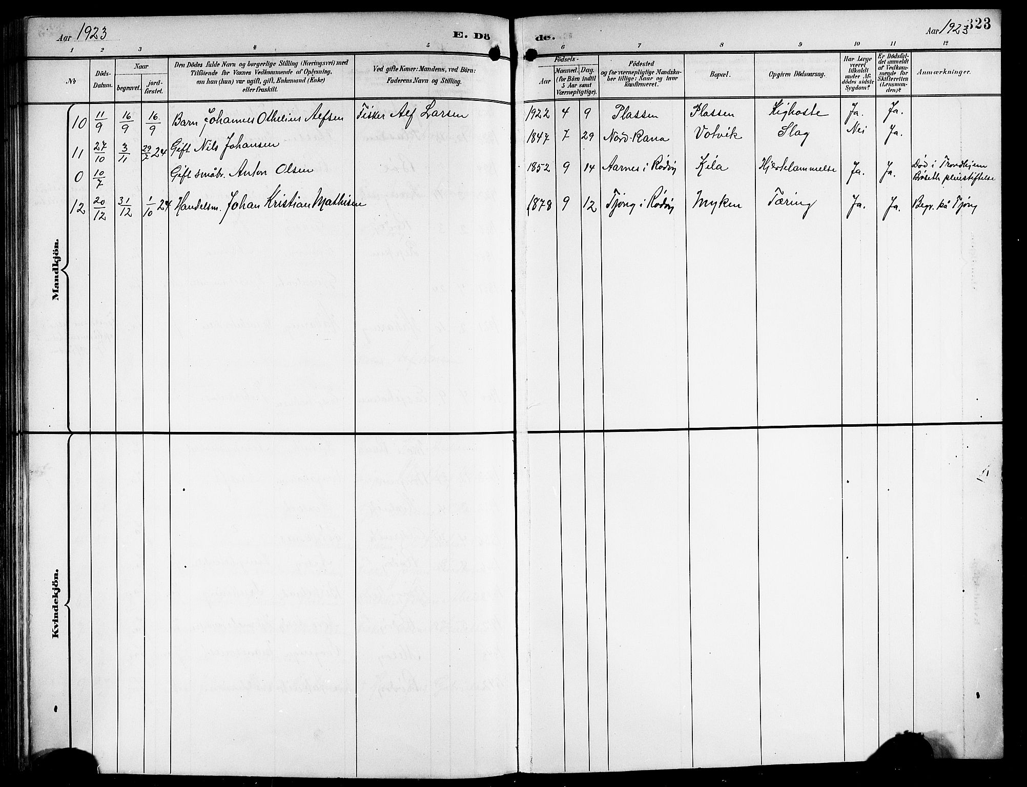 Ministerialprotokoller, klokkerbøker og fødselsregistre - Nordland, AV/SAT-A-1459/841/L0621: Parish register (copy) no. 841C05, 1897-1923, p. 323