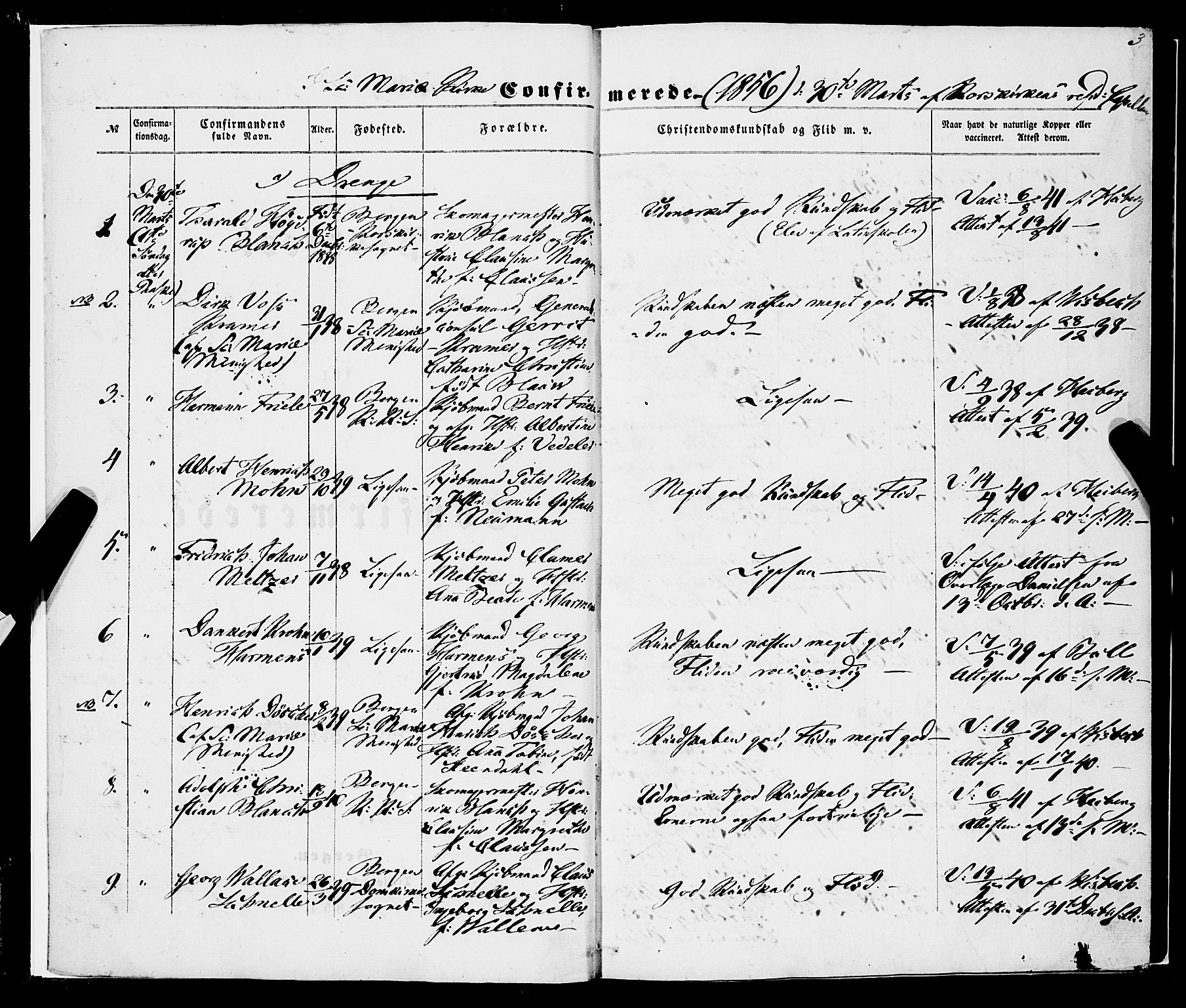 Korskirken sokneprestembete, AV/SAB-A-76101/H/Haa/L0069: Curate's parish register no. A 4, 1856-1869, p. 3