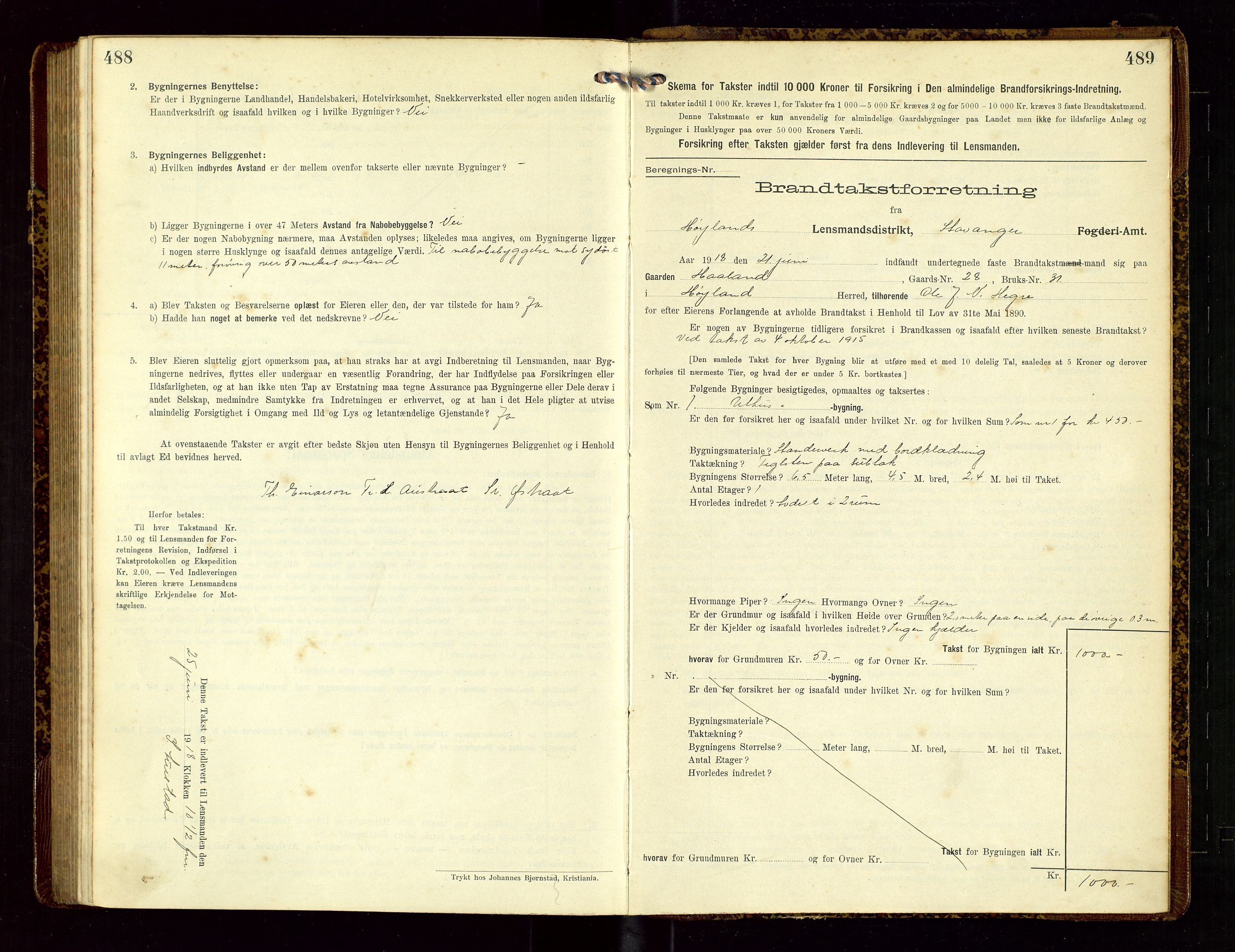 Høyland/Sandnes lensmannskontor, AV/SAST-A-100166/Gob/L0002: "Brandtakstprotokol", 1913-1918, p. 488-489