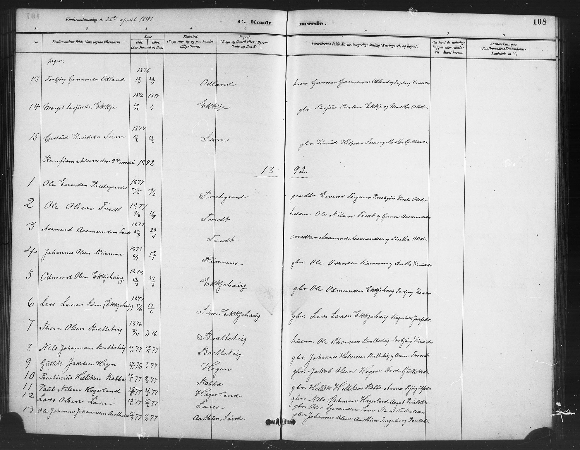 Røldal sokneprestembete, SAB/A-100247: Parish register (copy) no. A 3, 1887-1917, p. 108