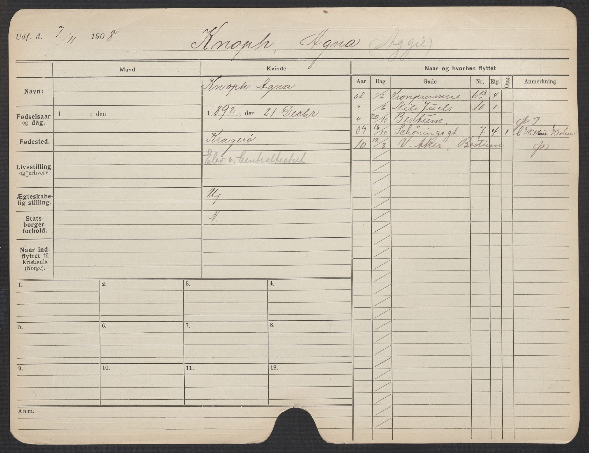 Oslo folkeregister, Registerkort, AV/SAO-A-11715/F/Fa/Fac/L0018: Kvinner, 1906-1914, p. 1179a