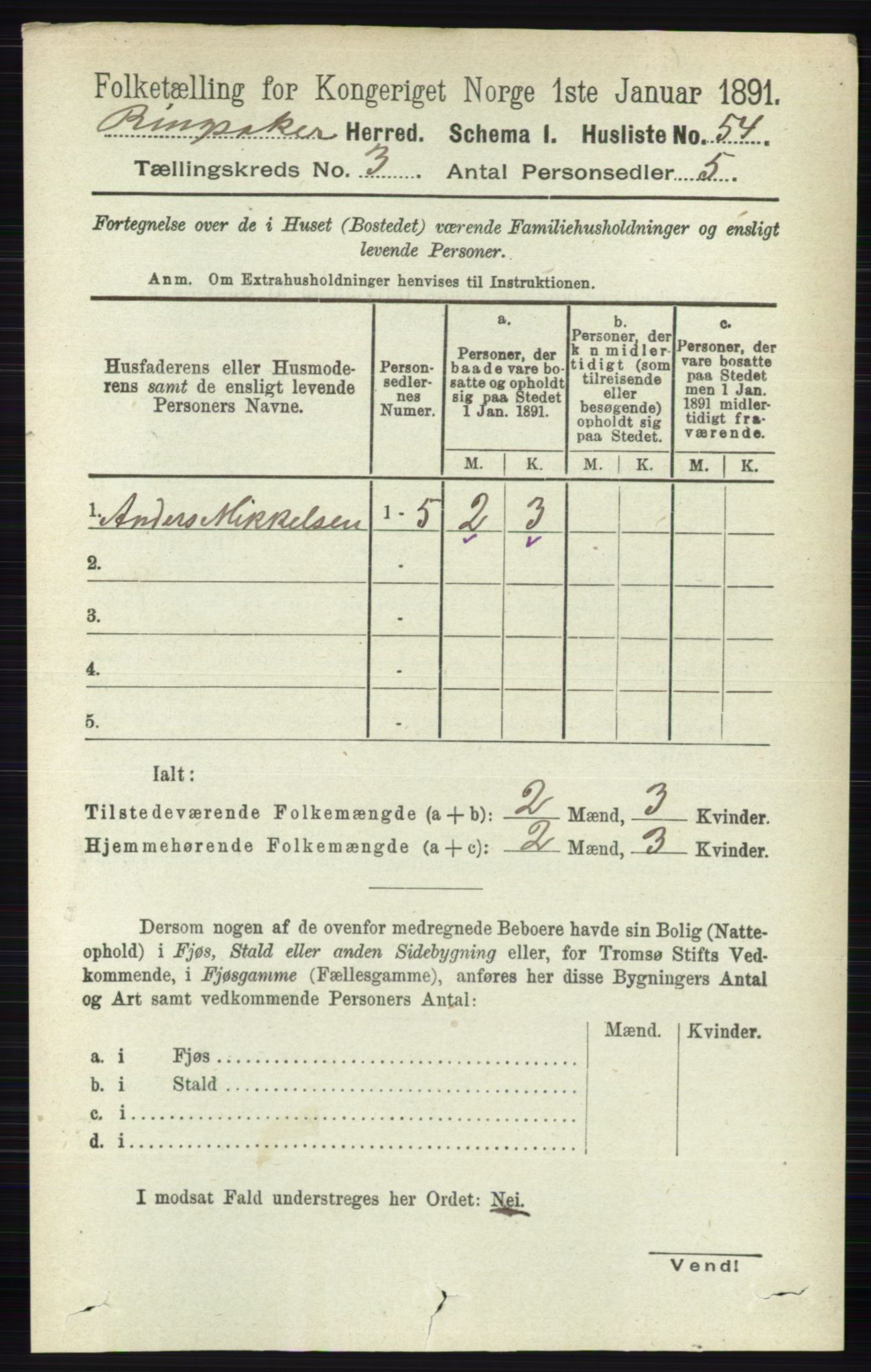 RA, 1891 census for 0412 Ringsaker, 1891, p. 1215
