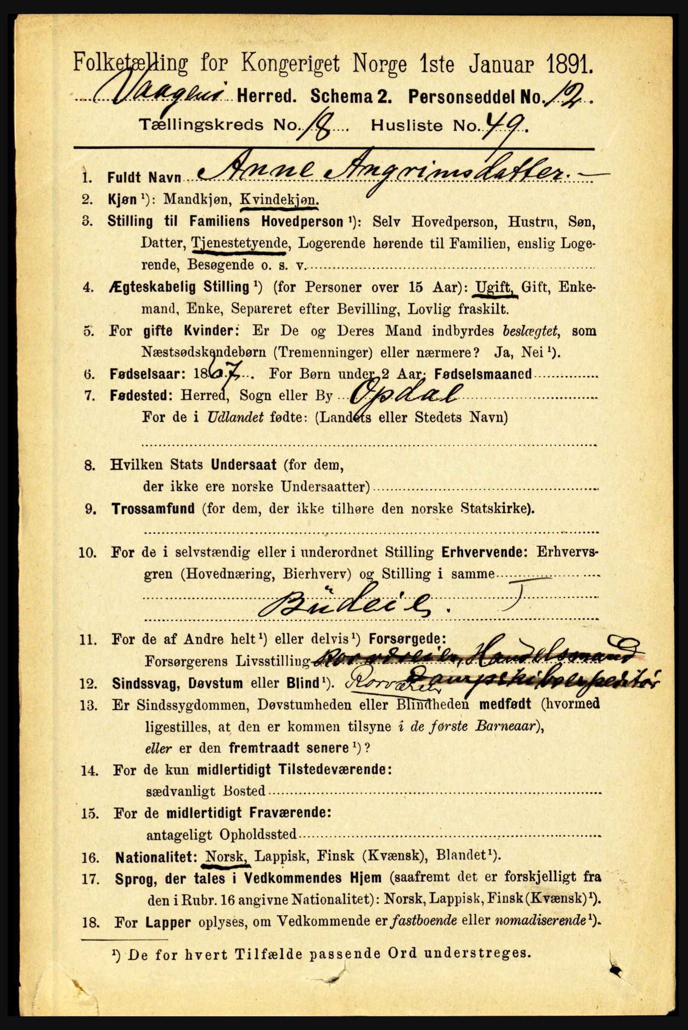 RA, 1891 census for 1865 Vågan, 1891, p. 5451