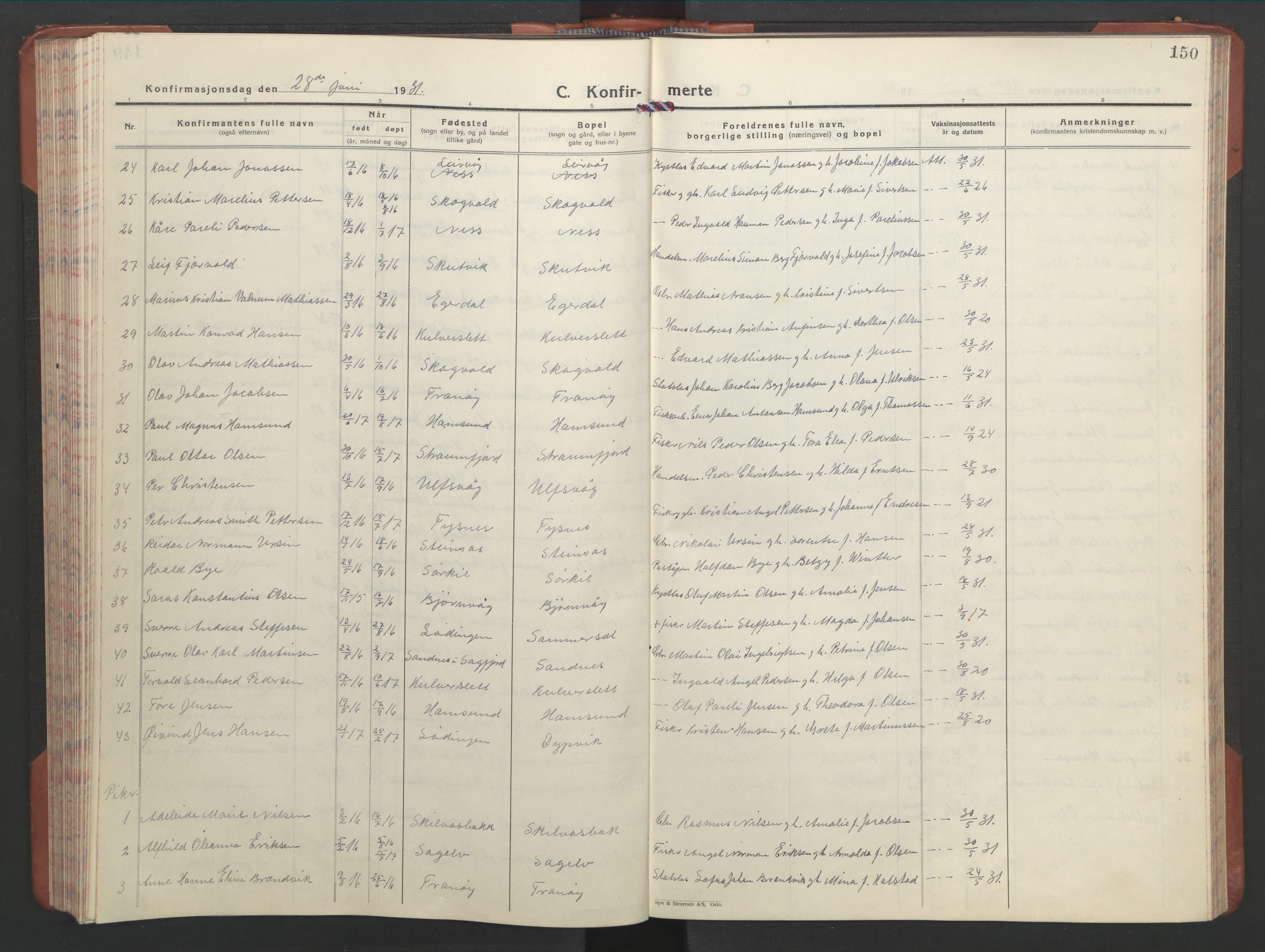 Ministerialprotokoller, klokkerbøker og fødselsregistre - Nordland, AV/SAT-A-1459/859/L0862: Parish register (copy) no. 859C08, 1925-1936, p. 150