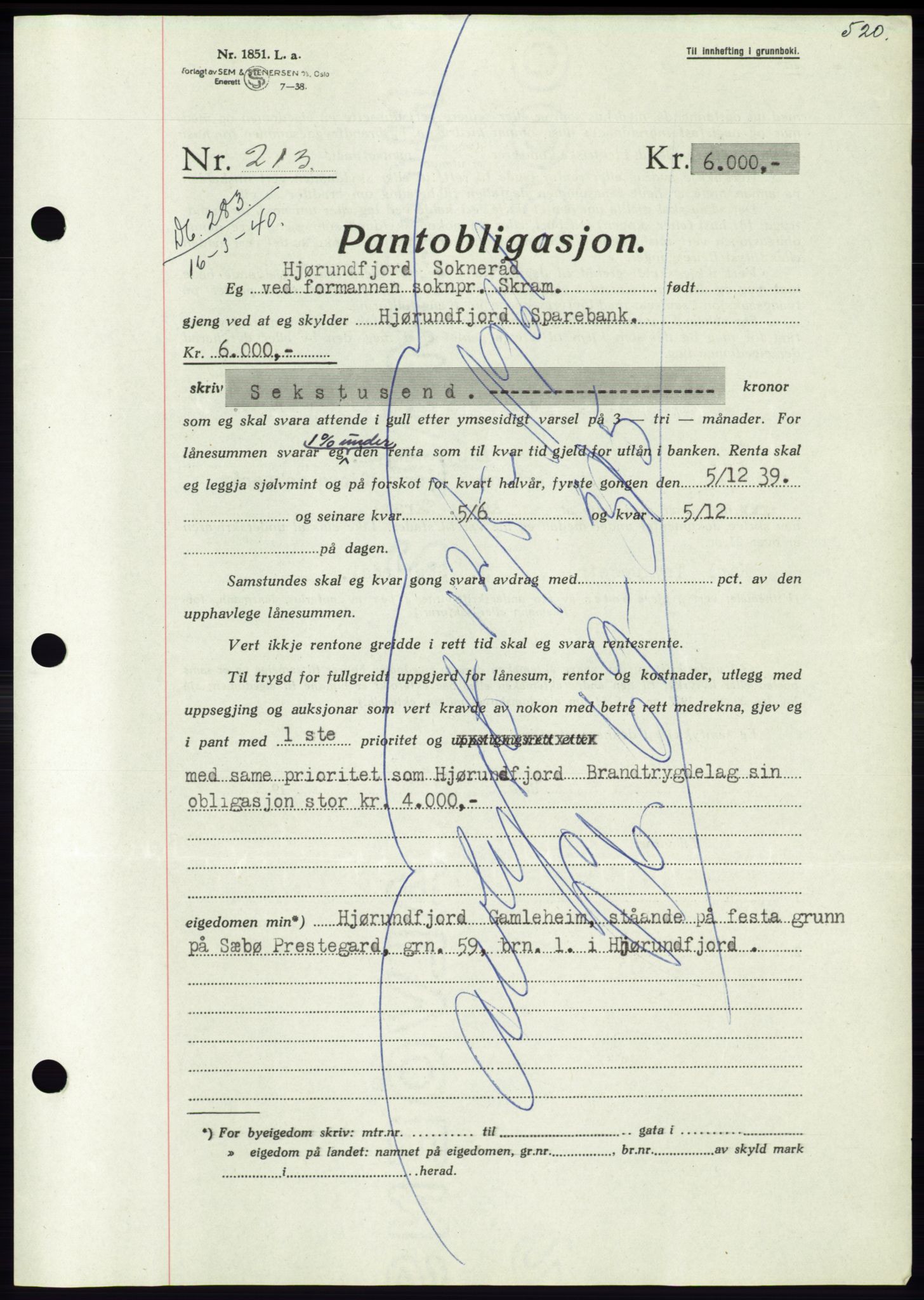 Søre Sunnmøre sorenskriveri, AV/SAT-A-4122/1/2/2C/L0069: Mortgage book no. 63, 1939-1940, Diary no: : 283/1940