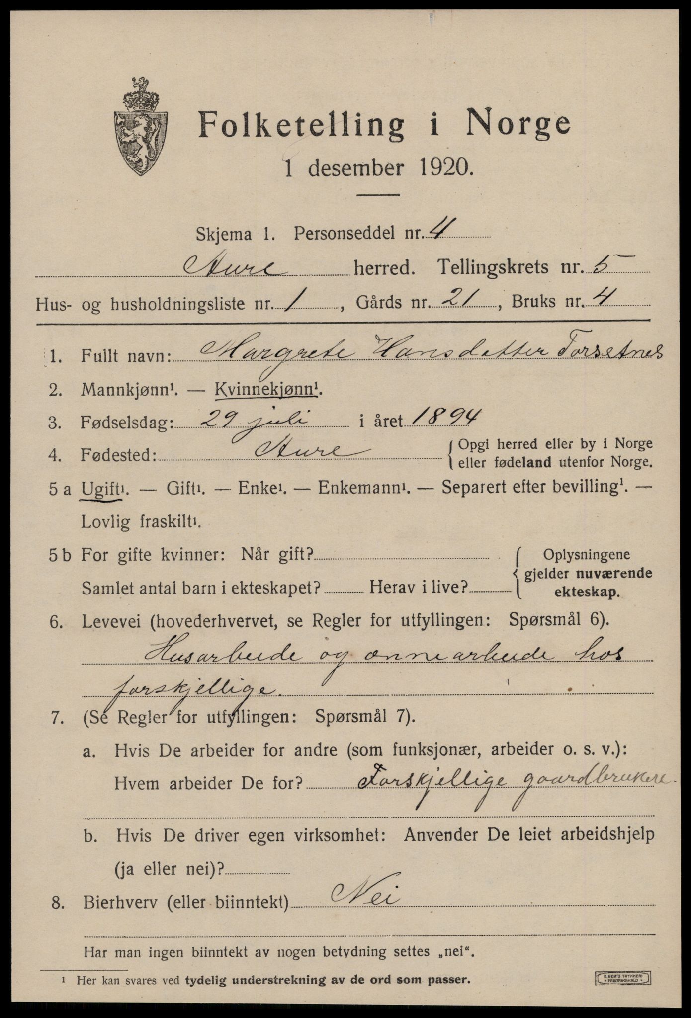 SAT, 1920 census for Aure, 1920, p. 2174