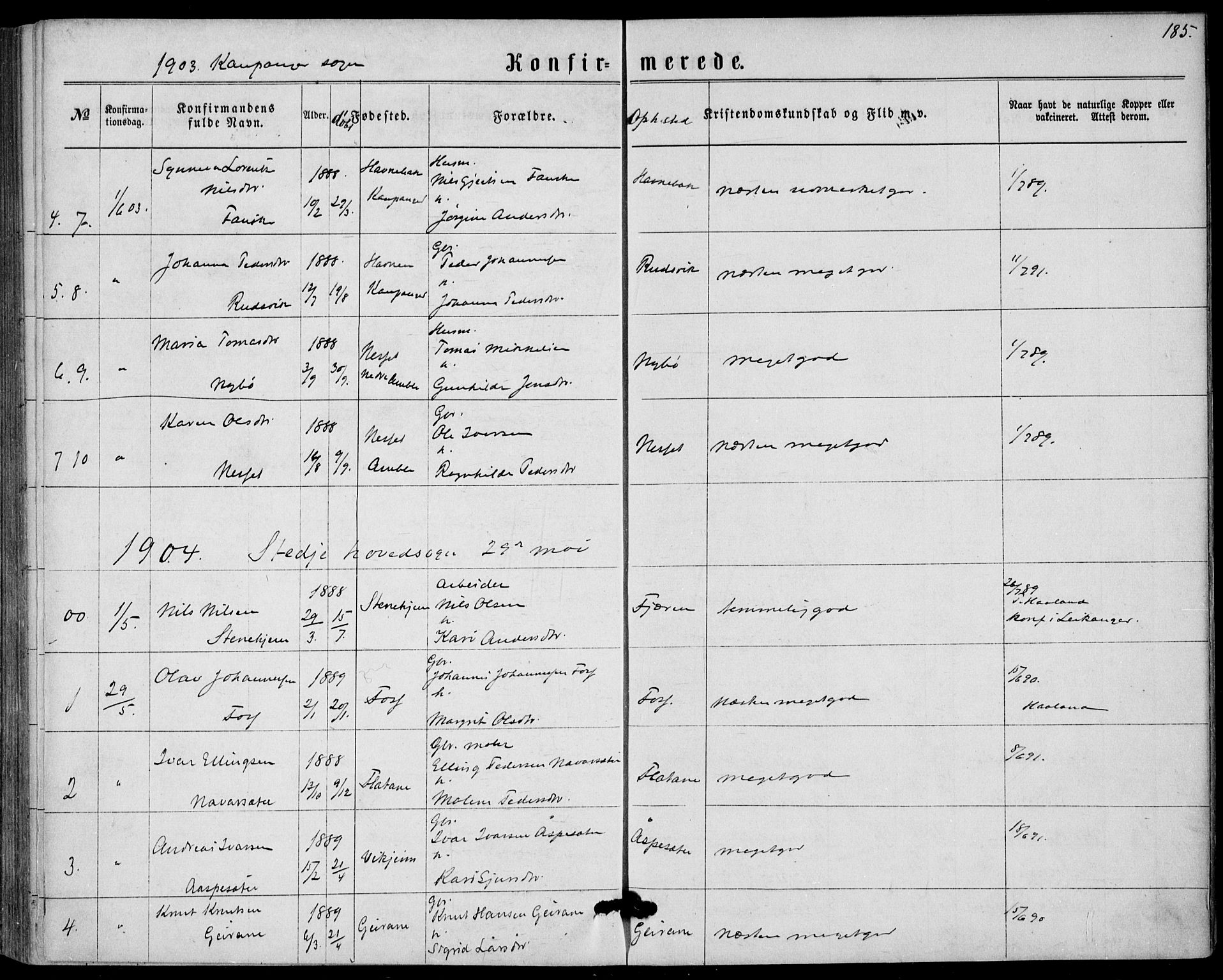 Sogndal sokneprestembete, AV/SAB-A-81301/H/Haa/Haaa/L0015: Parish register (official) no. A 15, 1871-1904, p. 185