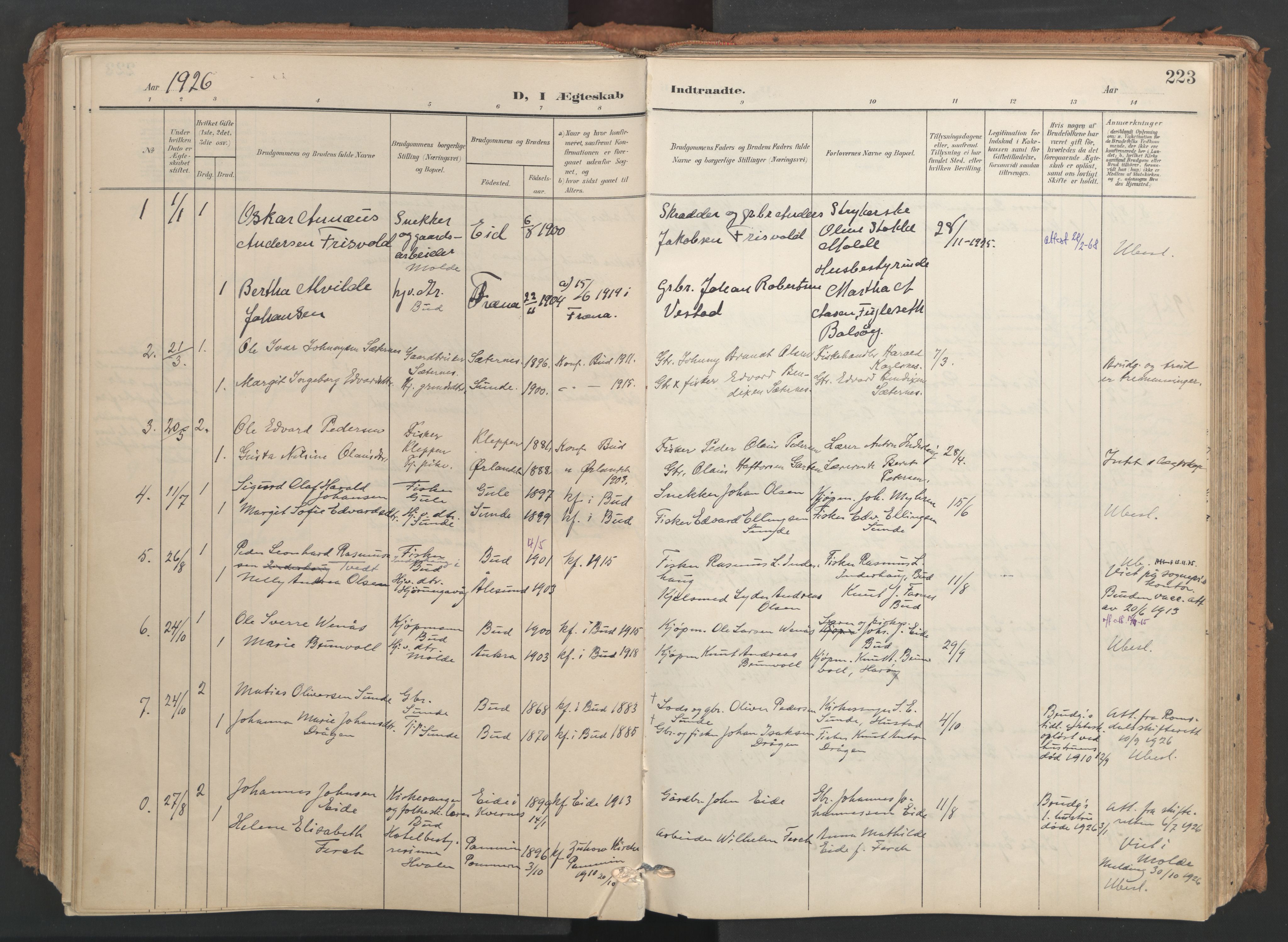 Ministerialprotokoller, klokkerbøker og fødselsregistre - Møre og Romsdal, SAT/A-1454/566/L0771: Parish register (official) no. 566A10, 1904-1929, p. 223