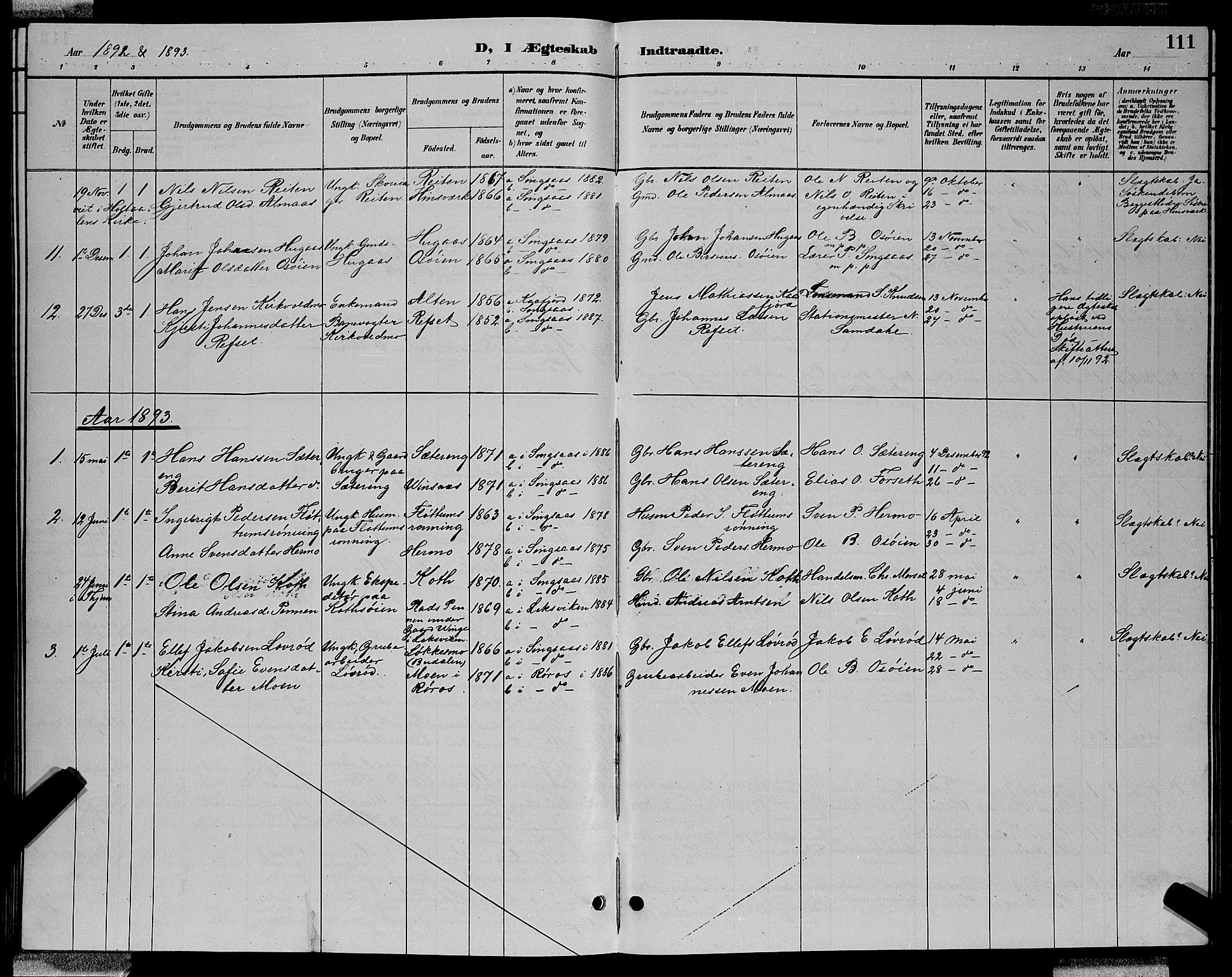 Ministerialprotokoller, klokkerbøker og fødselsregistre - Sør-Trøndelag, AV/SAT-A-1456/688/L1028: Parish register (copy) no. 688C03, 1889-1899, p. 111