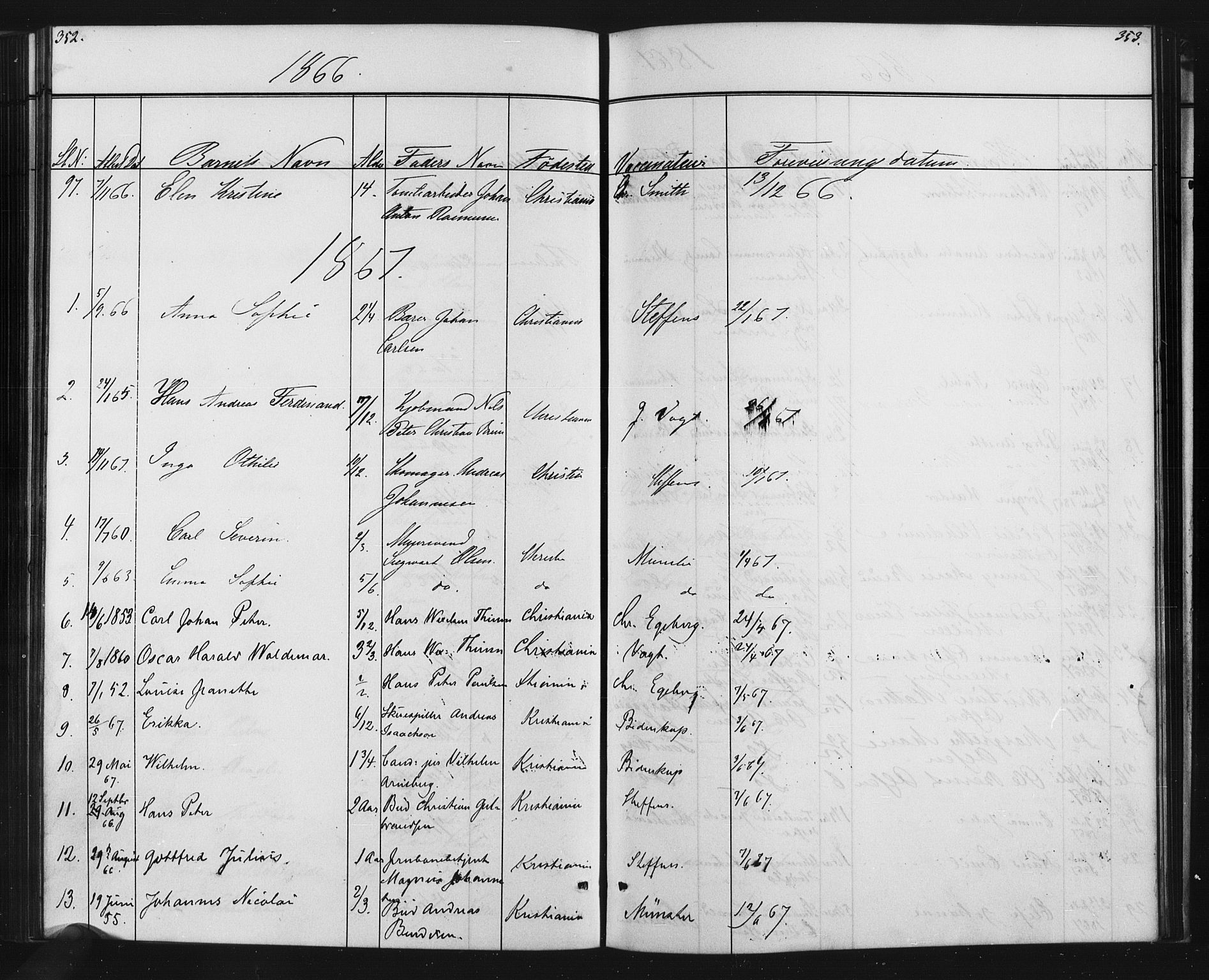 Oslo domkirke Kirkebøker, SAO/A-10752/L/Lb/L0001: Vaccination register no. 1, 1843-1868, p. 352-353