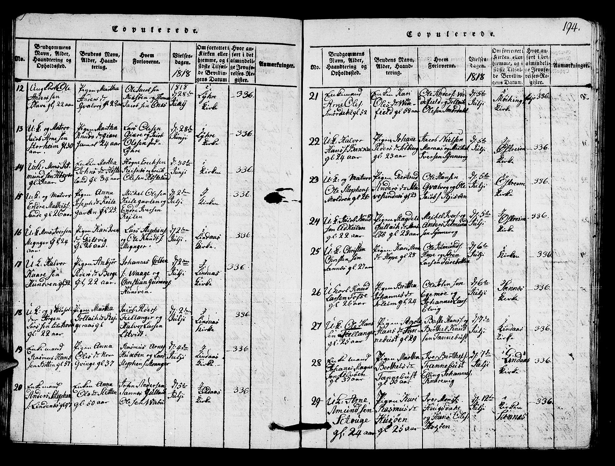 Lindås Sokneprestembete, SAB/A-76701/H/Hab: Parish register (copy) no. A 1, 1816-1823, p. 194