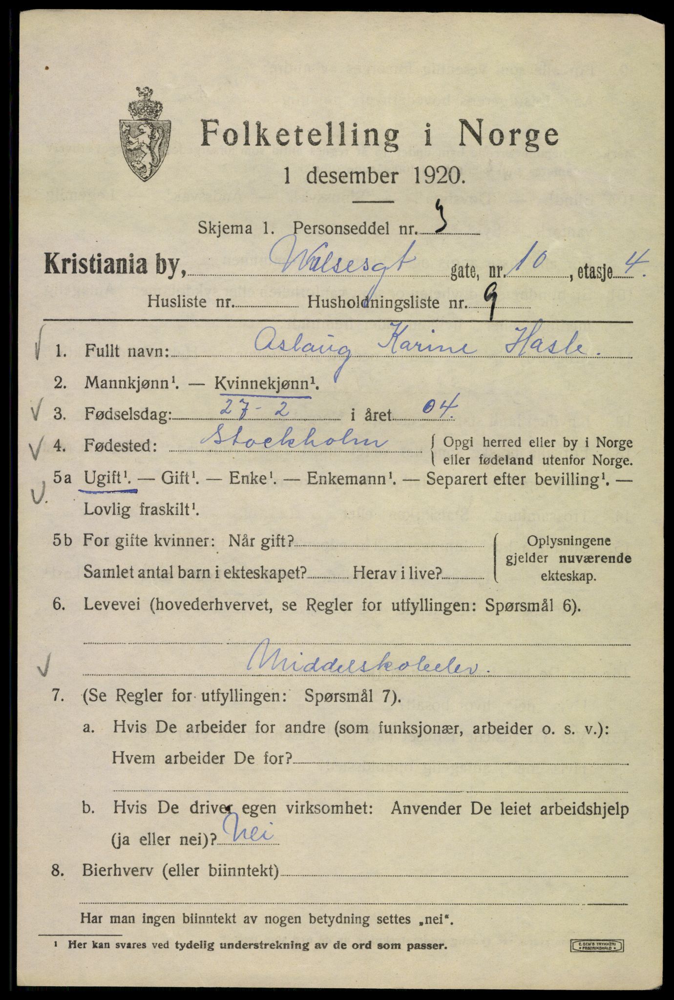 SAO, 1920 census for Kristiania, 1920, p. 653941