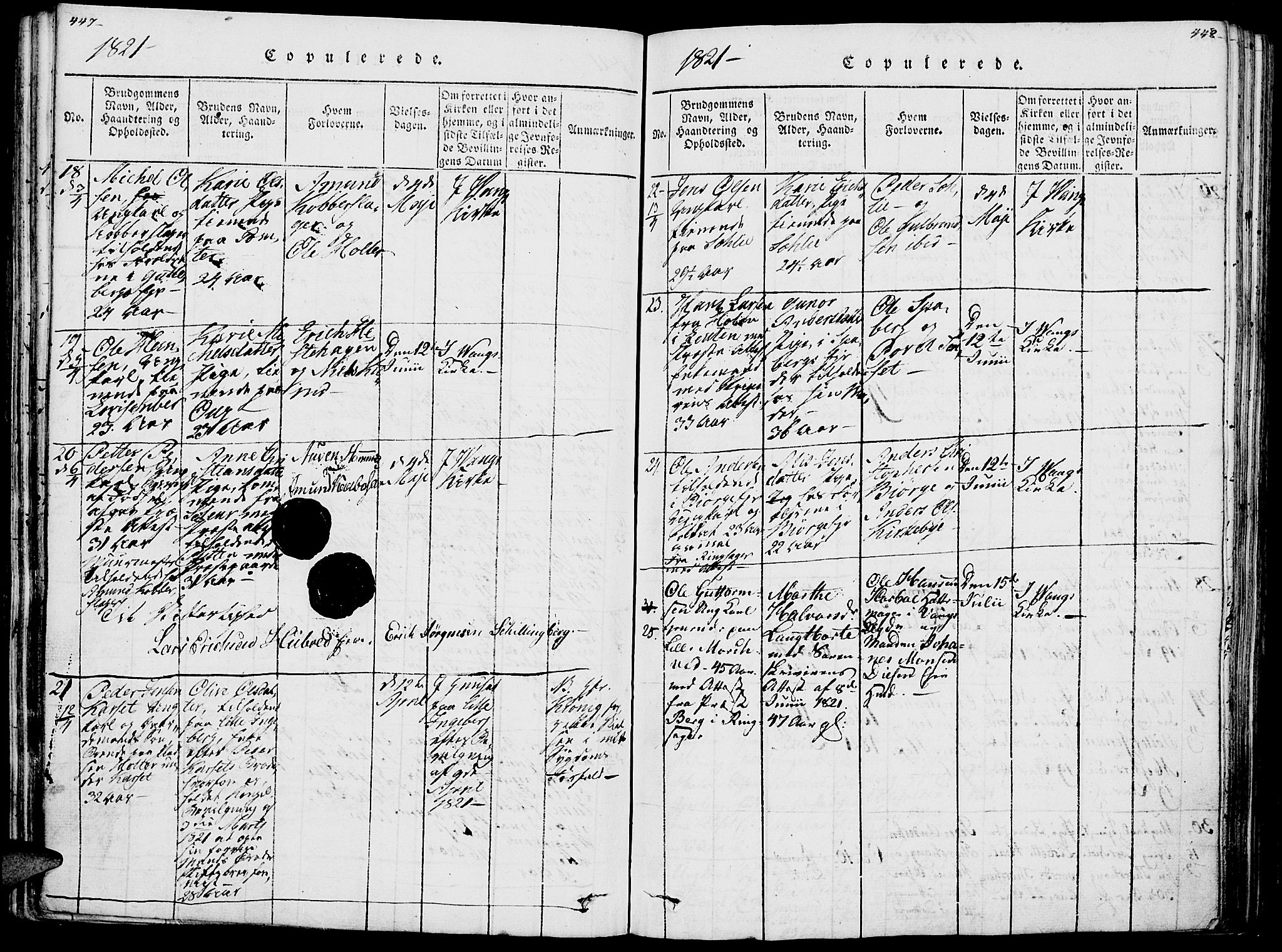 Vang prestekontor, Hedmark, AV/SAH-PREST-008/H/Ha/Haa/L0007: Parish register (official) no. 7, 1813-1826, p. 447-448