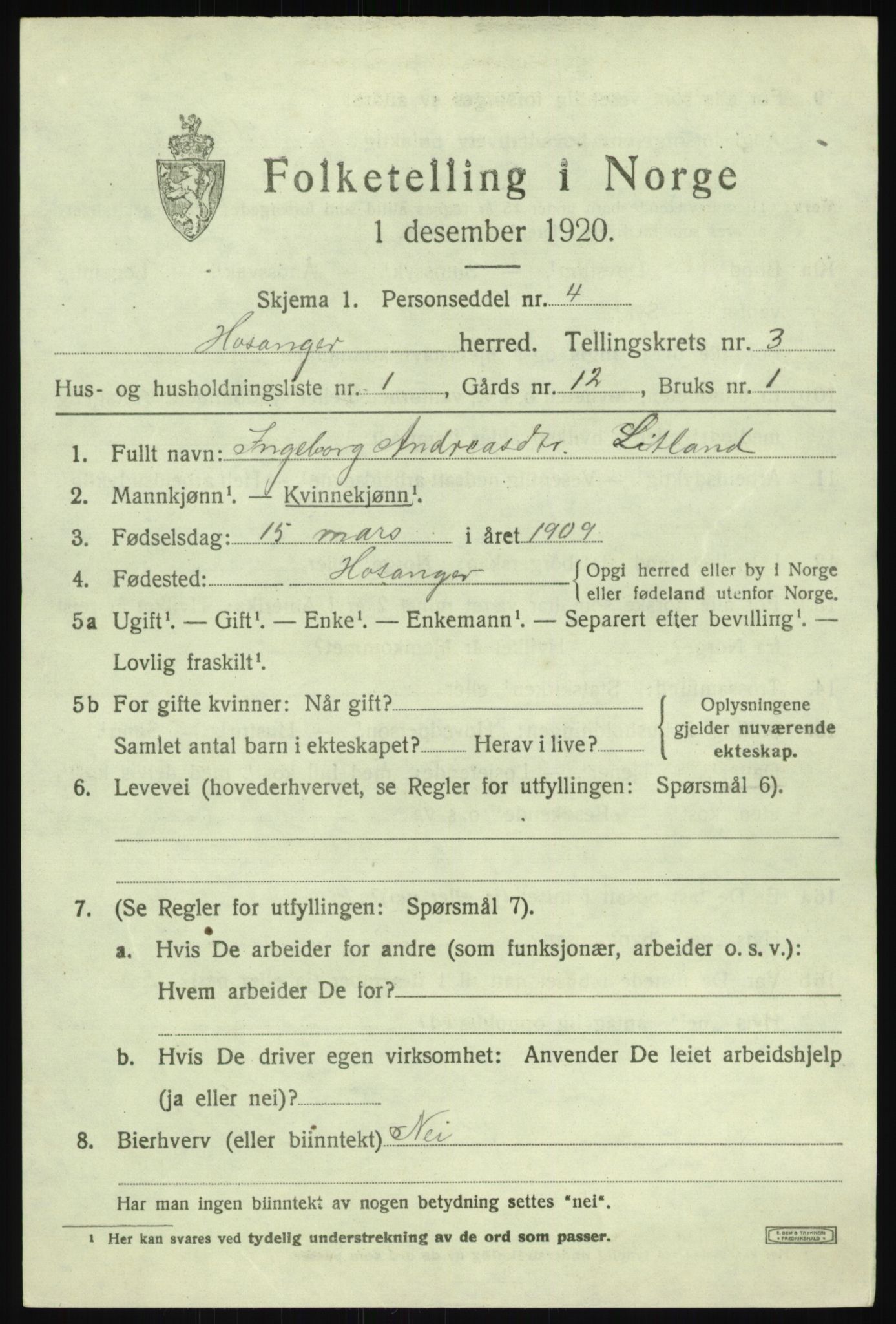 SAB, 1920 census for Hosanger, 1920, p. 1471