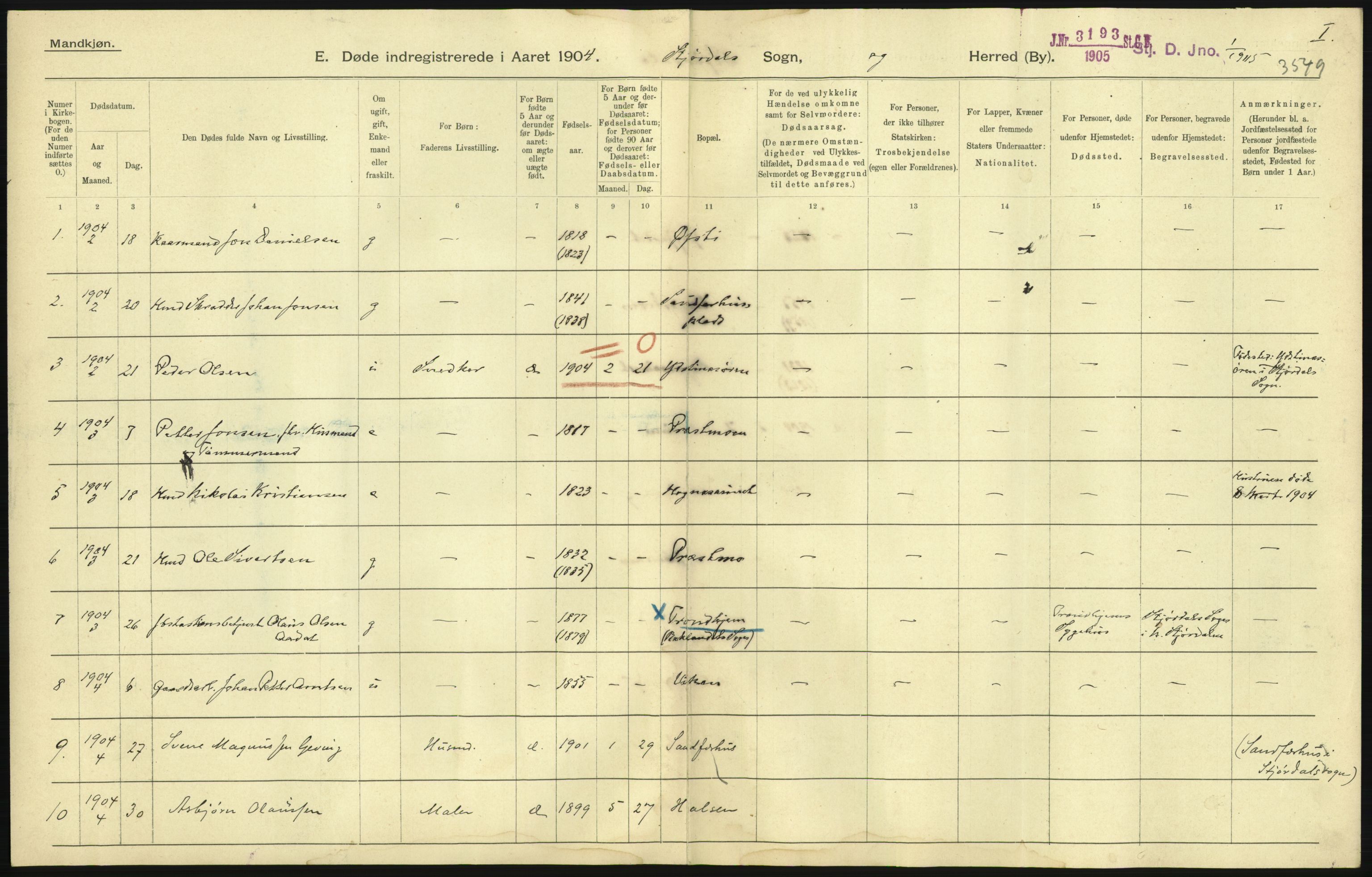 Statistisk sentralbyrå, Sosiodemografiske emner, Befolkning, AV/RA-S-2228/D/Df/Dfa/Dfab/L0019: Nordre Trondhjems amt: Fødte, gifte, døde, 1904, p. 453