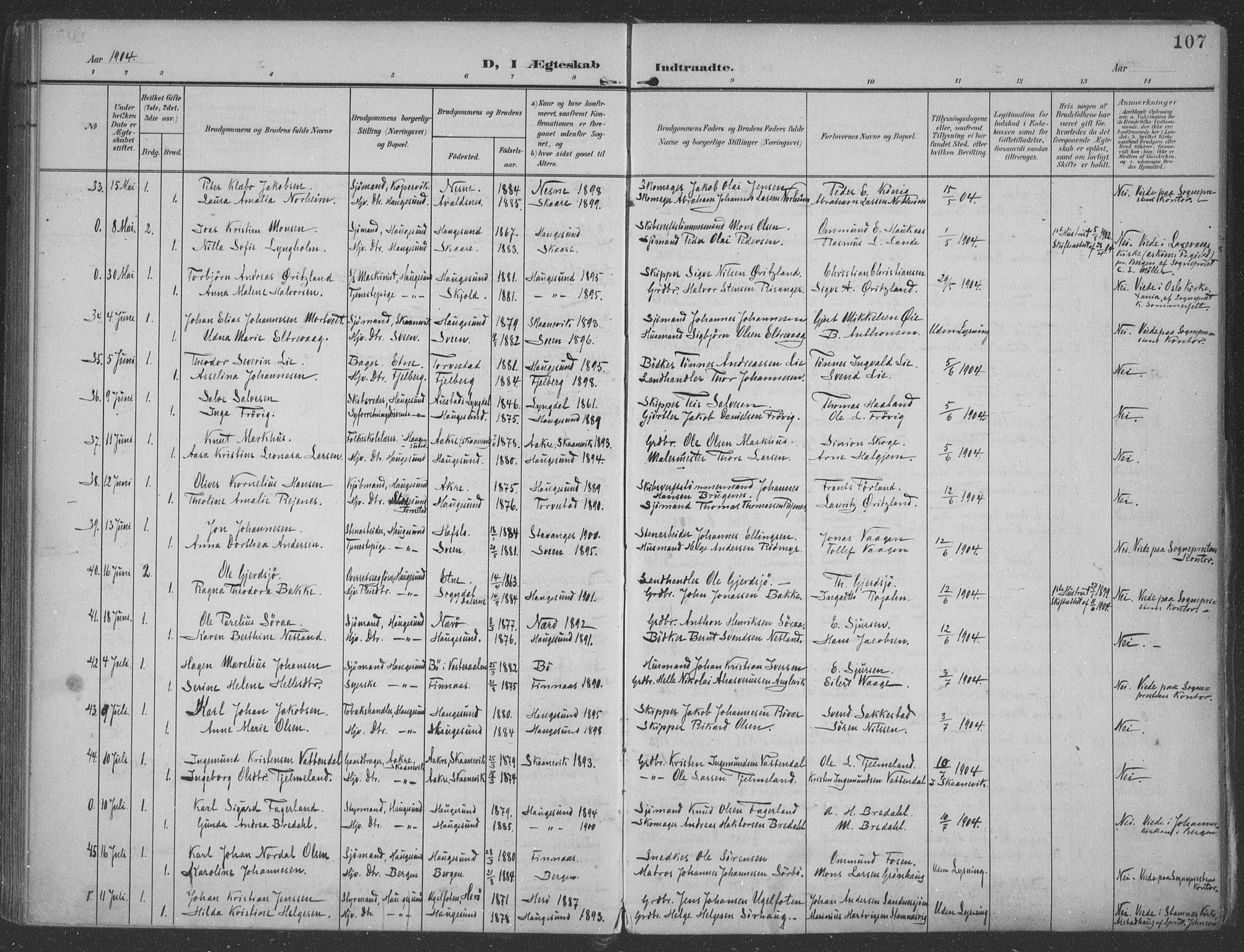 Haugesund sokneprestkontor, AV/SAST-A -101863/H/Ha/Haa/L0007: Parish register (official) no. A 7, 1904-1916, p. 107