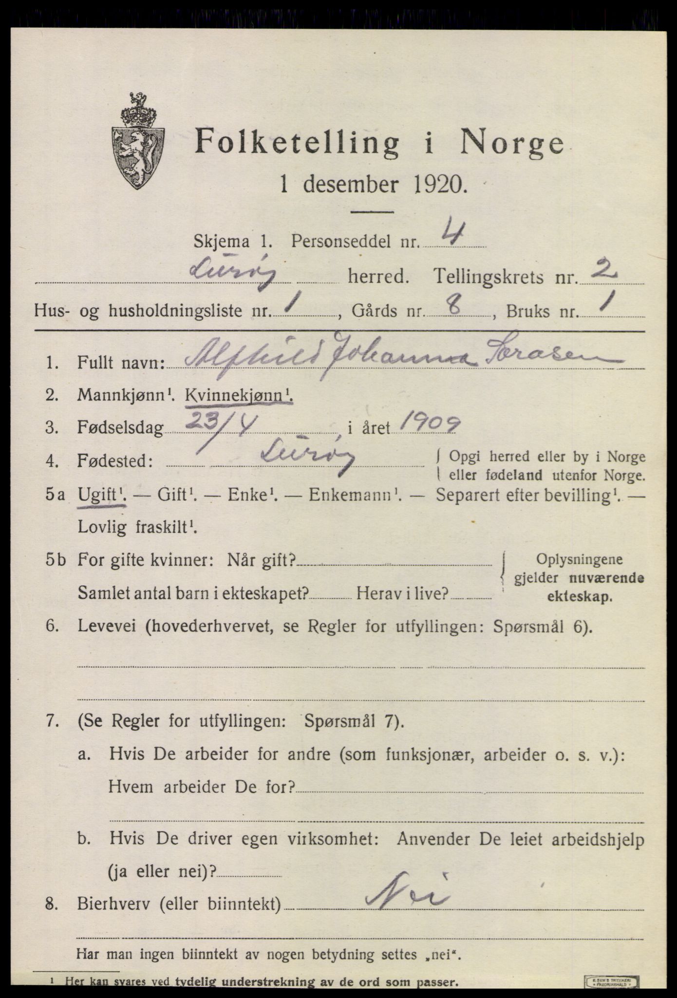 SAT, 1920 census for Lurøy, 1920, p. 1347