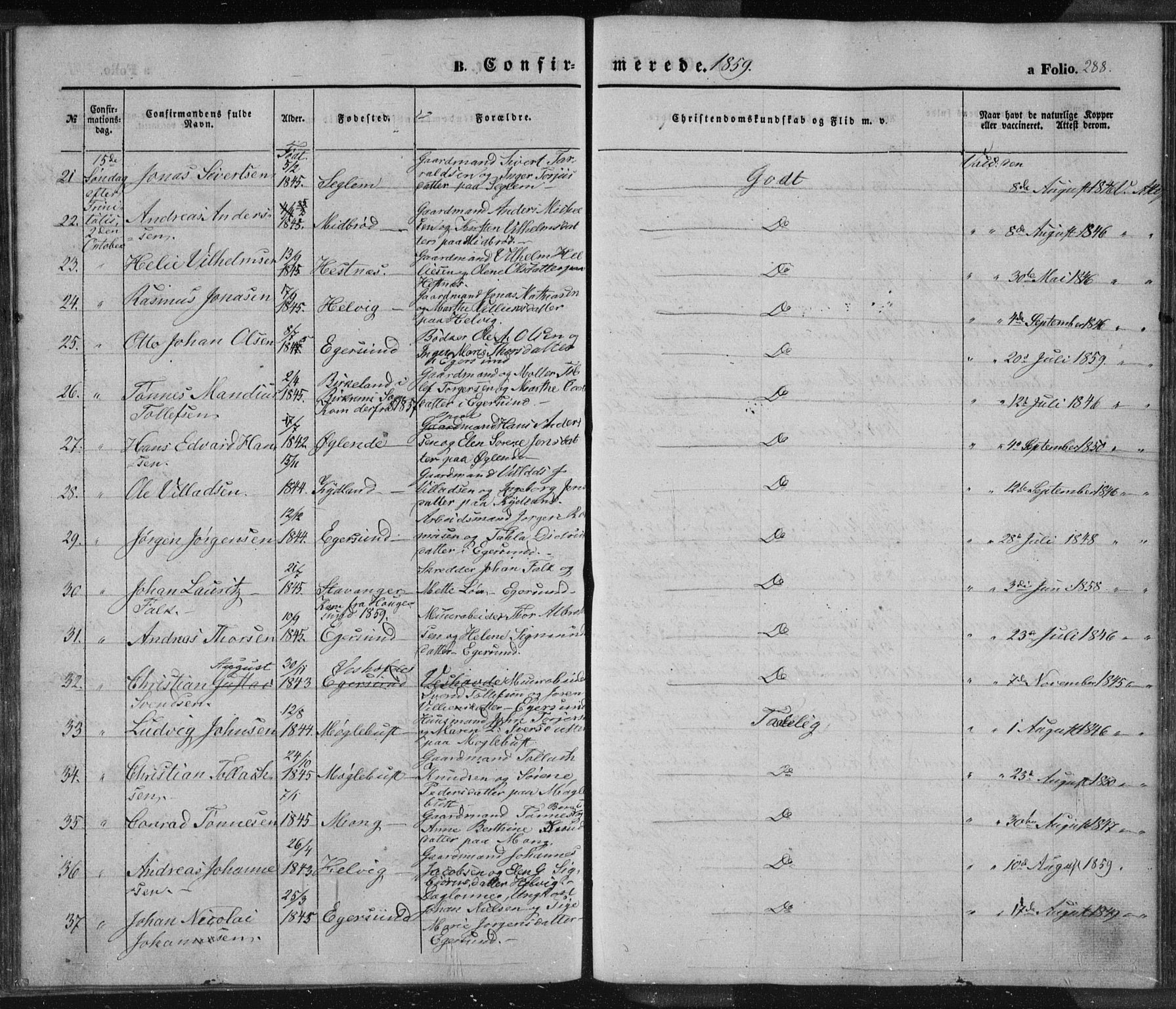 Eigersund sokneprestkontor, SAST/A-101807/S08/L0012: Parish register (official) no. A 12.1, 1850-1865, p. 288