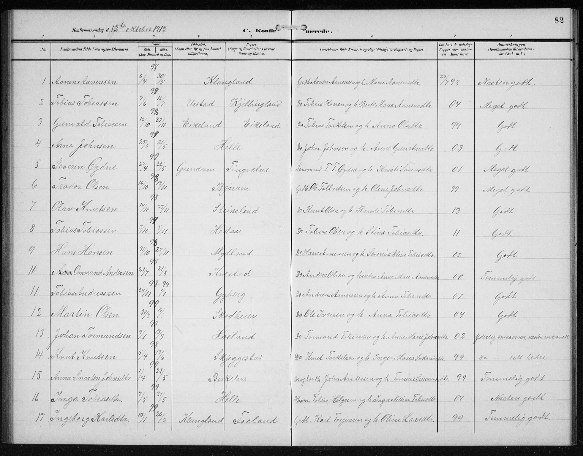 Hægebostad sokneprestkontor, AV/SAK-1111-0024/F/Fb/Fba/L0005: Parish register (copy) no. B 5, 1907-1931, p. 82