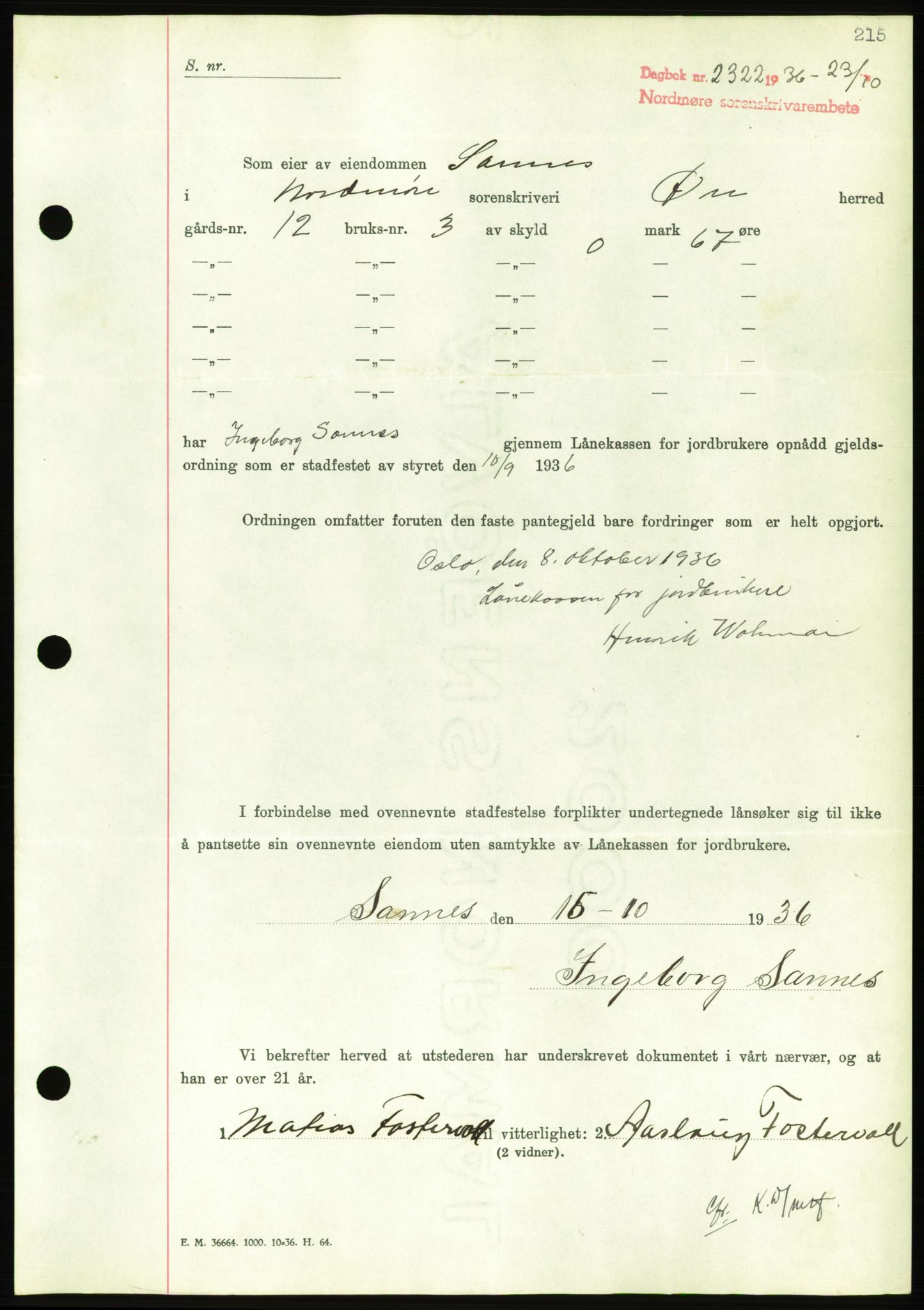 Nordmøre sorenskriveri, AV/SAT-A-4132/1/2/2Ca/L0090: Mortgage book no. B80, 1936-1937, Diary no: : 2322/1936