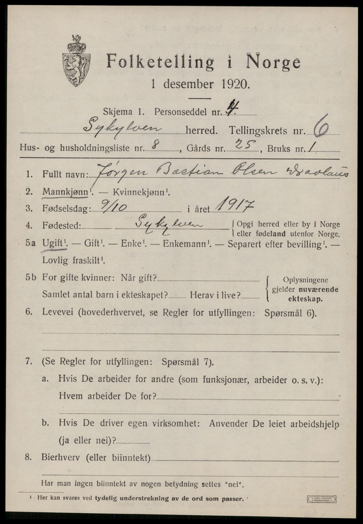 SAT, 1920 census for Sykkylven, 1920, p. 3725