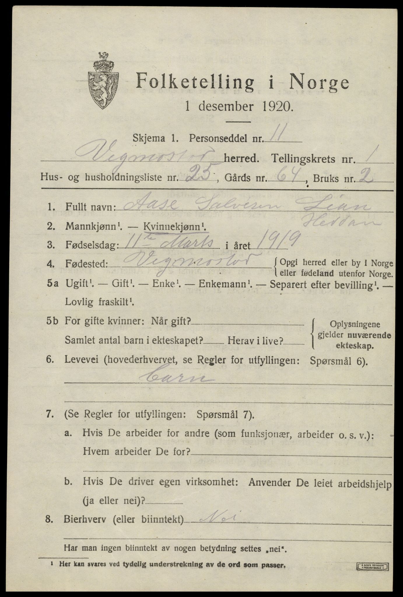 SAK, 1920 census for Vigmostad, 1920, p. 663