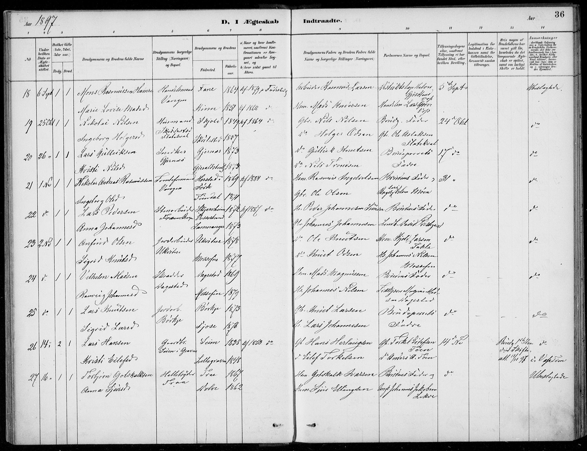 Voss sokneprestembete, SAB/A-79001/H/Haa: Parish register (official) no. C  1, 1887-1915, p. 36