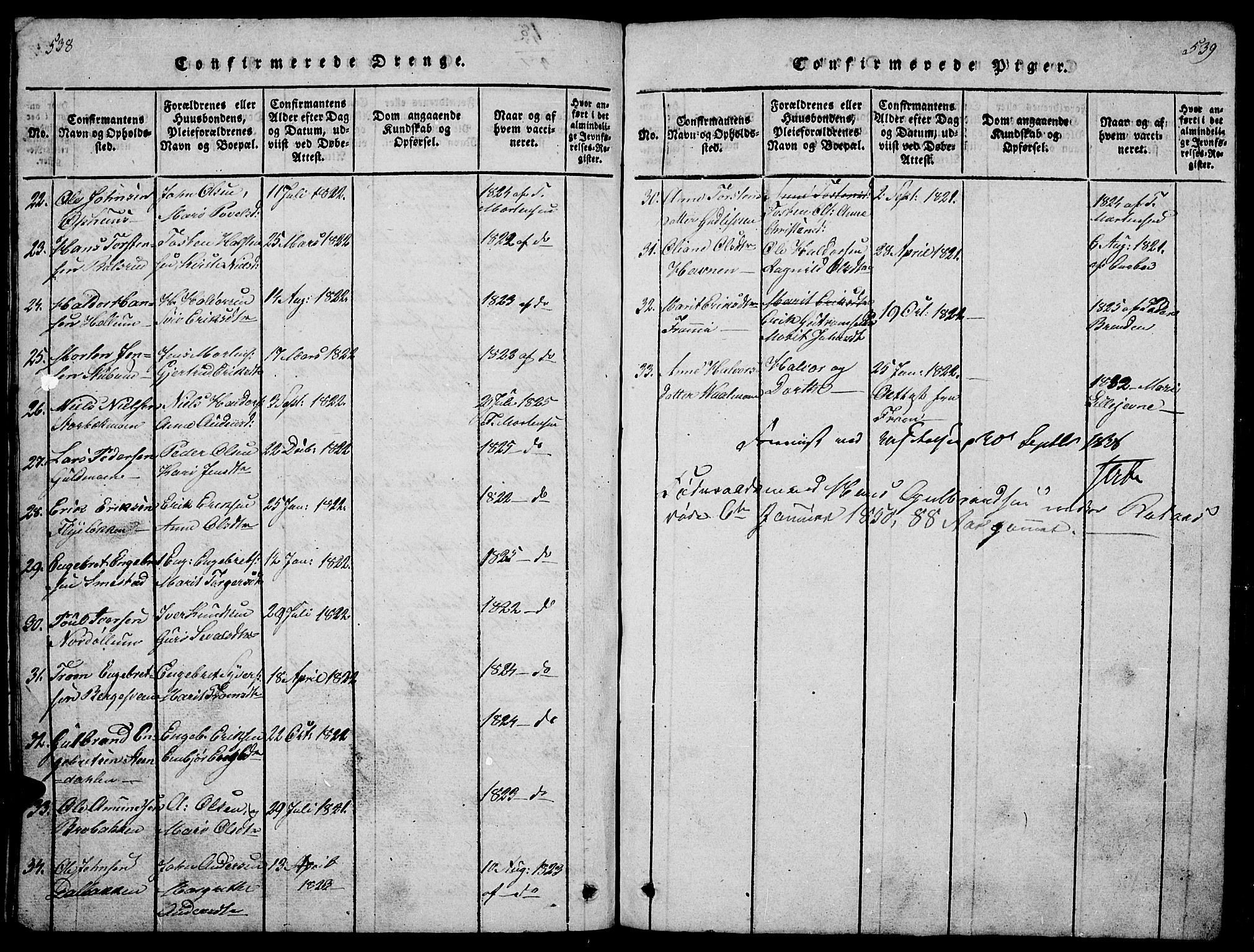 Ringebu prestekontor, AV/SAH-PREST-082/H/Ha/Hab/L0001: Parish register (copy) no. 1, 1821-1839, p. 538-539