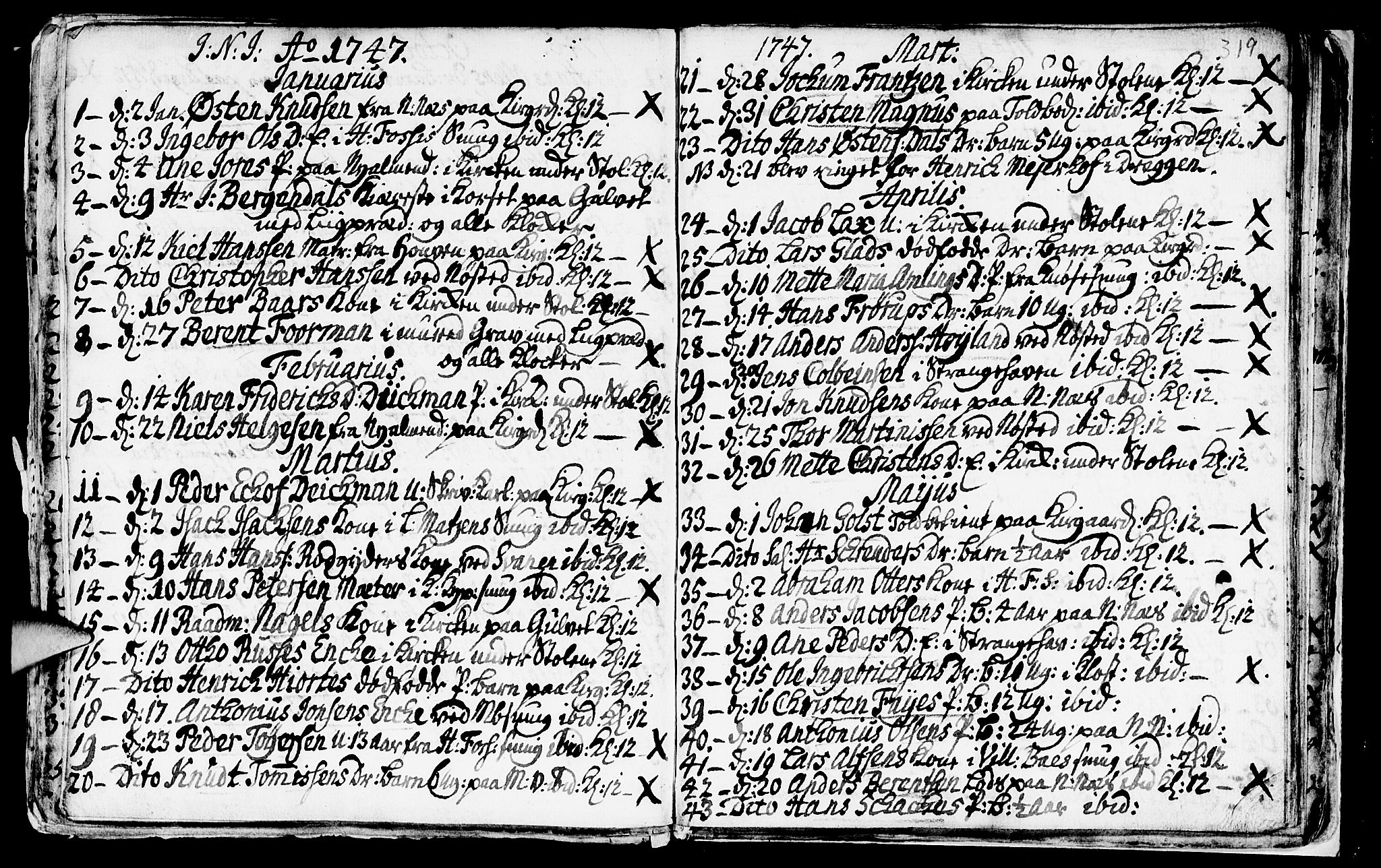 Nykirken Sokneprestembete, SAB/A-77101/H/Haa/L0009: Parish register (official) no. A 9, 1689-1759, p. 319