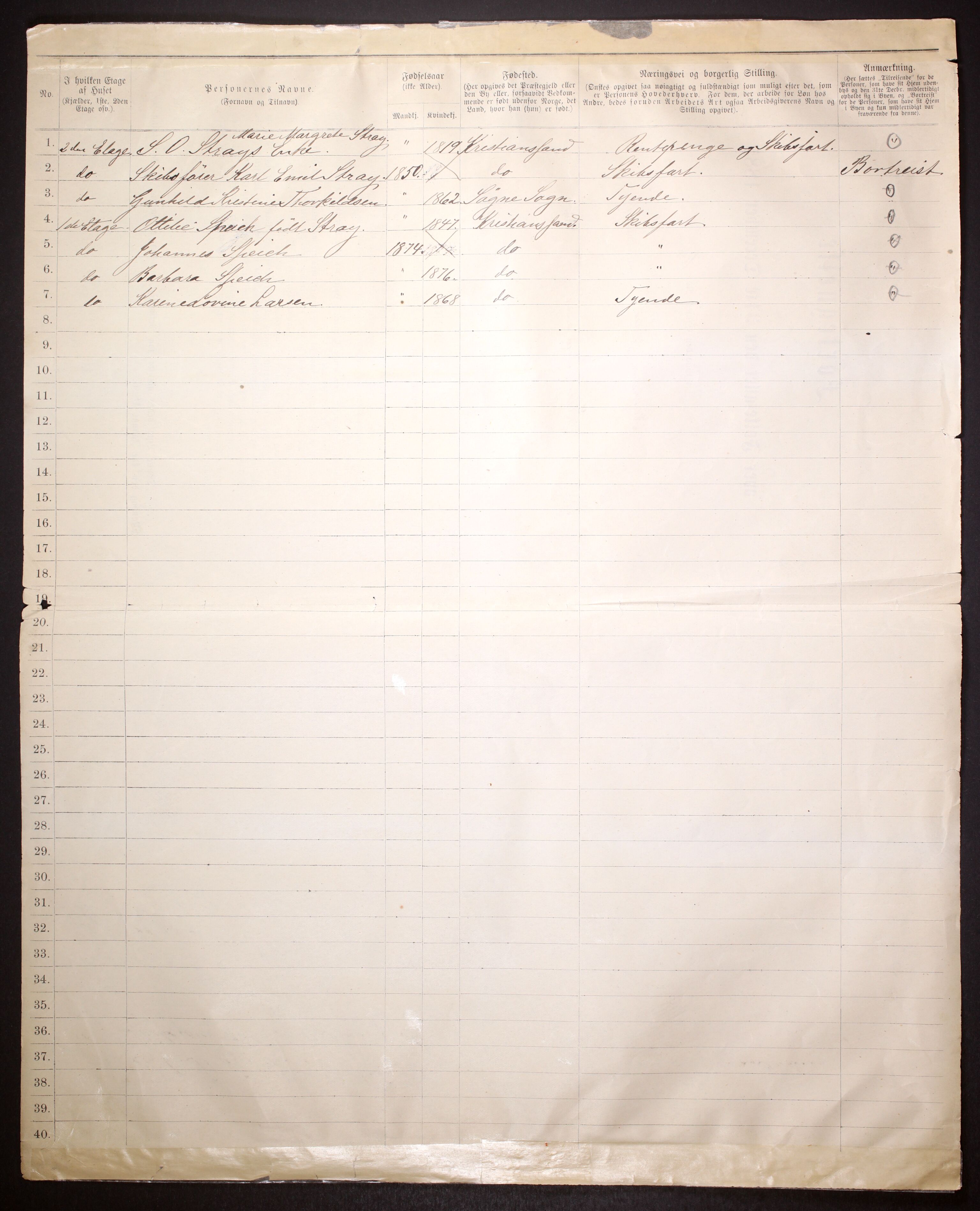 SAK, 1885 census for 1001 Kristiansand, 1885, p. 7