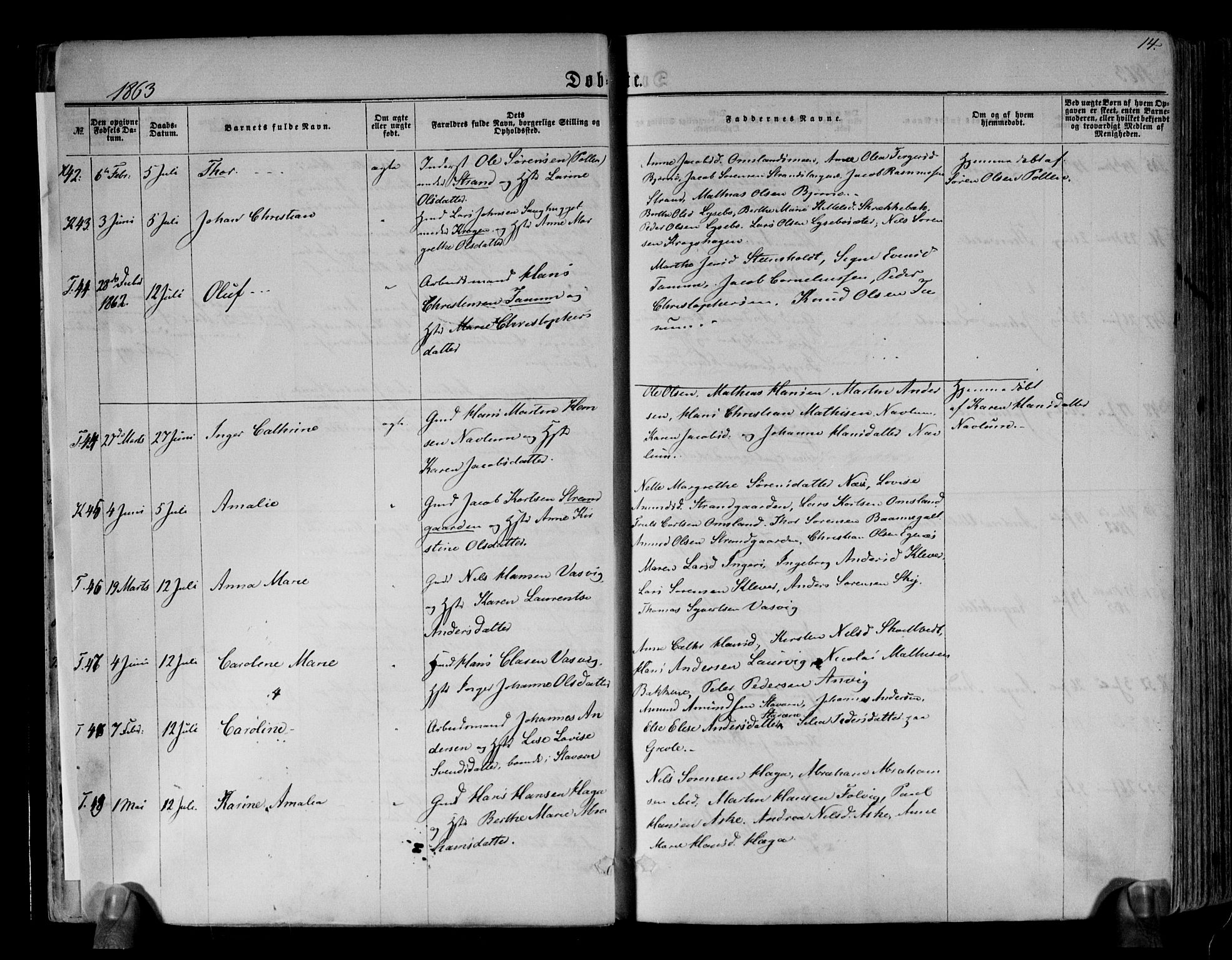 Brunlanes kirkebøker, SAKO/A-342/F/Fa/L0005: Parish register (official) no. I 5, 1862-1877, p. 14