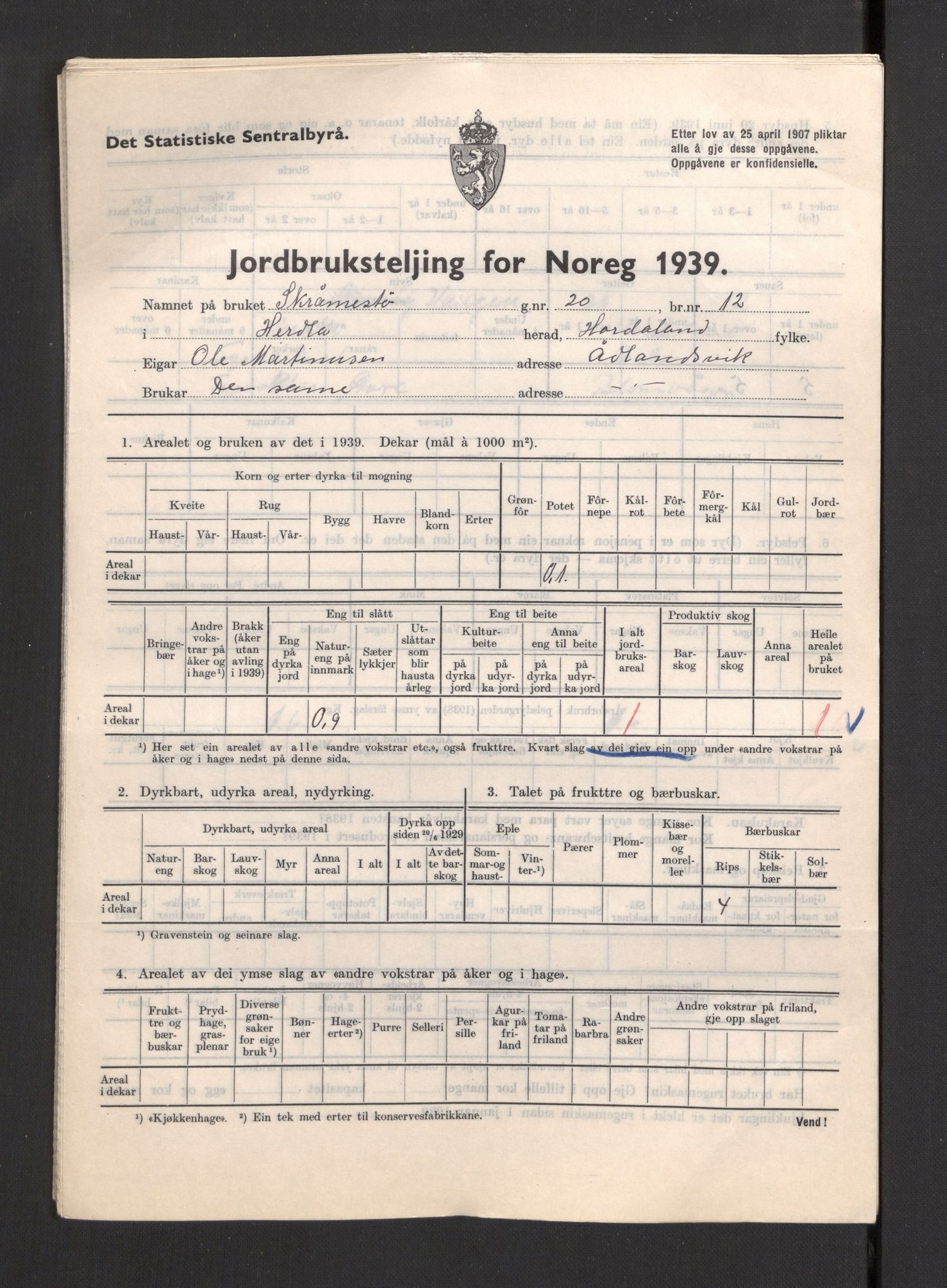 Statistisk sentralbyrå, Næringsøkonomiske emner, Jordbruk, skogbruk, jakt, fiske og fangst, AV/RA-S-2234/G/Gb/L0211: Hordaland: Herdla, Hjelme og Manger, 1939, p. 31