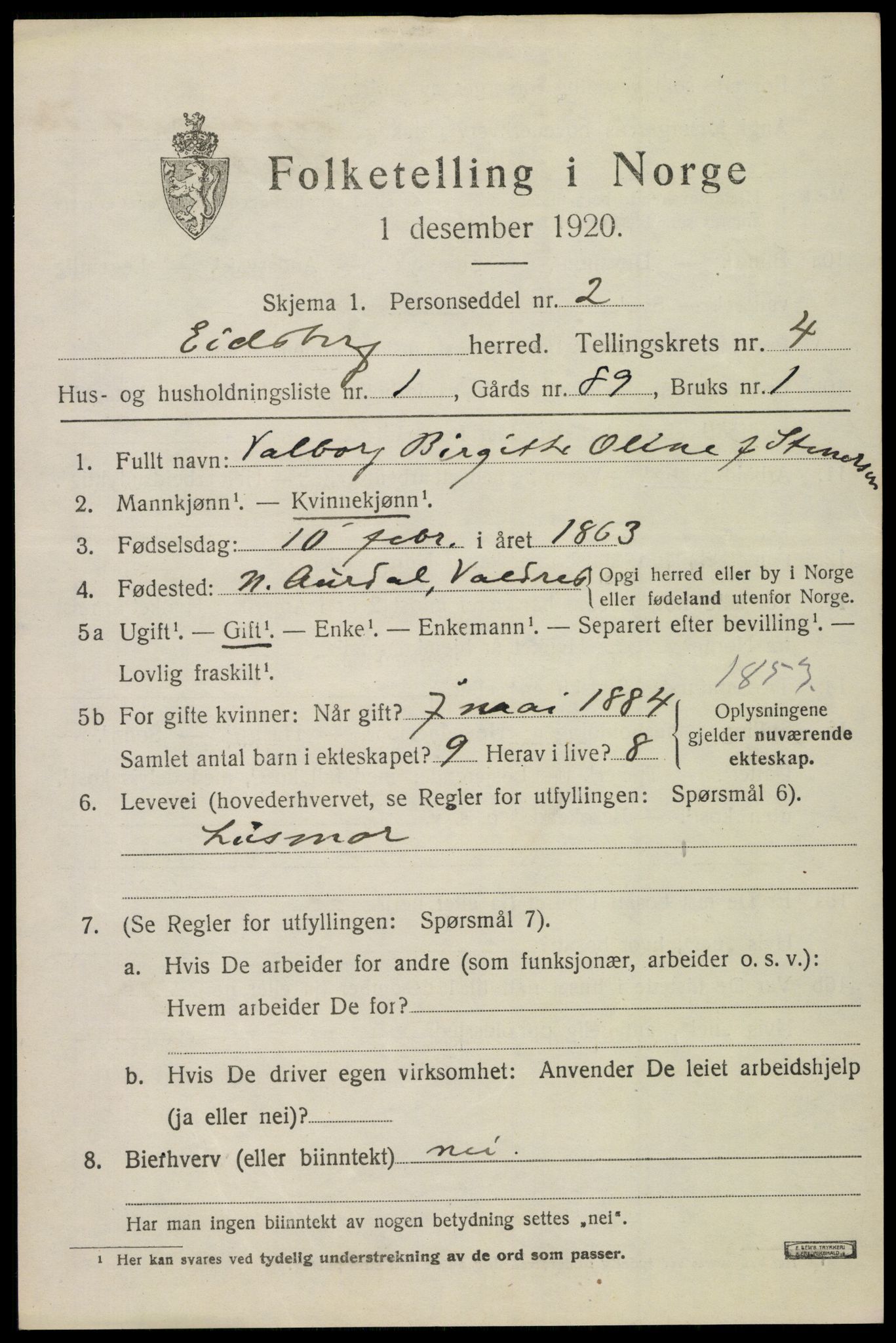 SAO, 1920 census for Eidsberg, 1920, p. 5727