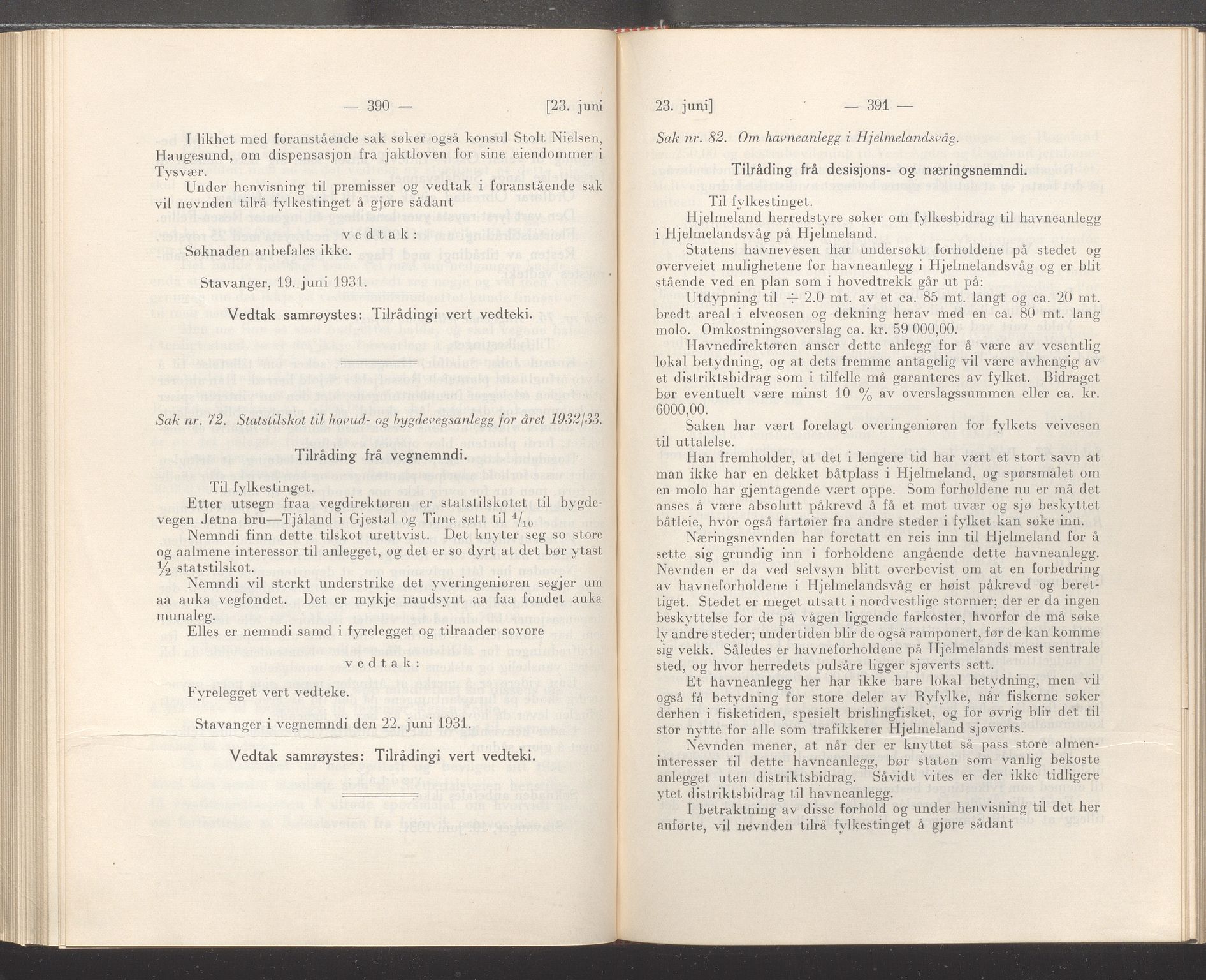 Rogaland fylkeskommune - Fylkesrådmannen , IKAR/A-900/A/Aa/Aaa/L0050: Møtebok , 1931, p. 390-391