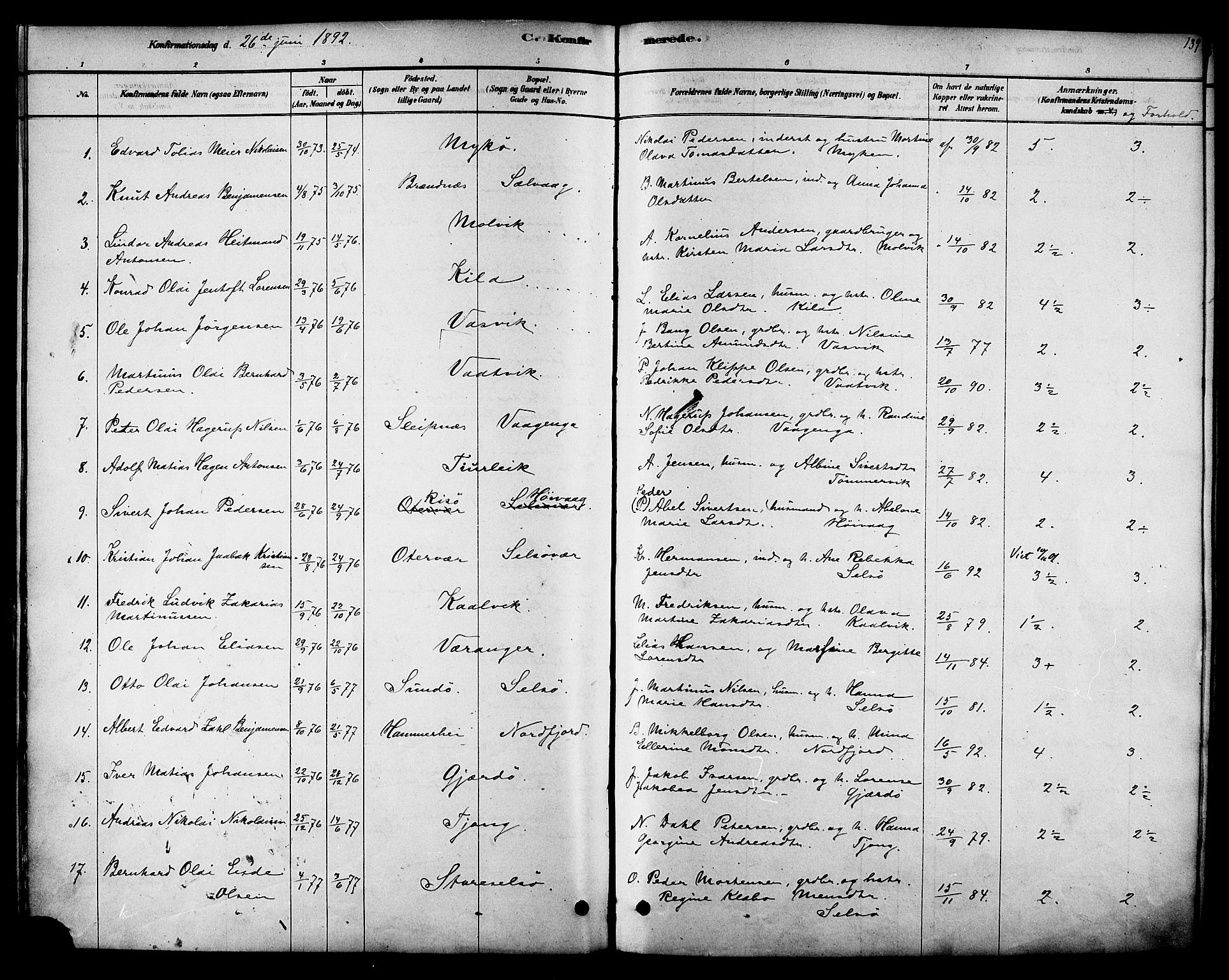 Ministerialprotokoller, klokkerbøker og fødselsregistre - Nordland, AV/SAT-A-1459/841/L0609: Parish register (official) no. 841A12, 1878-1901, p. 139