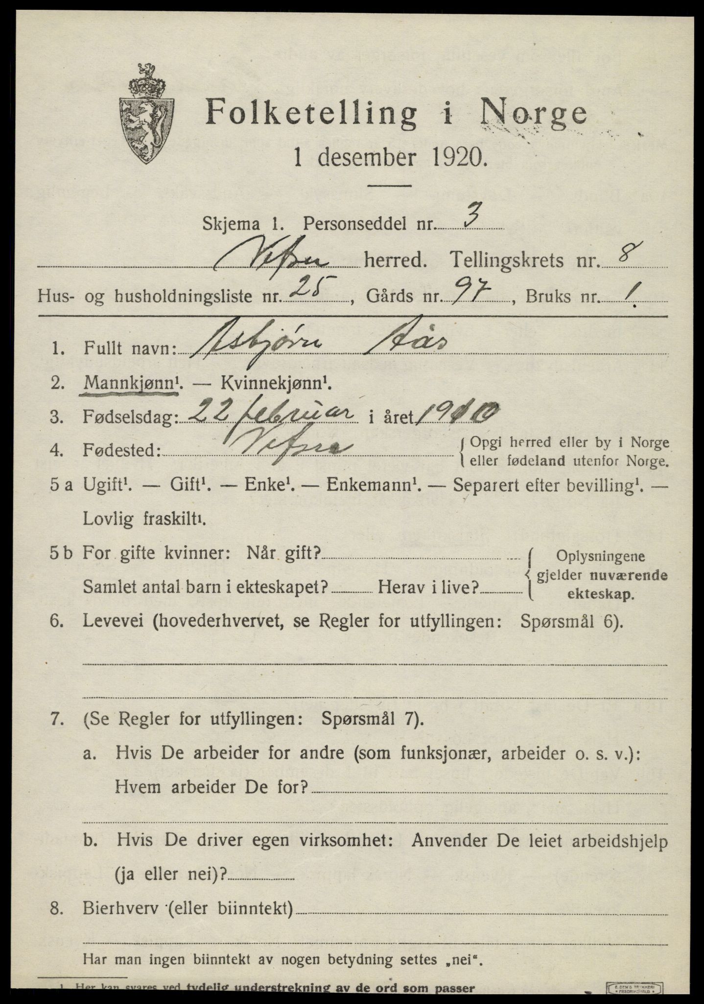 SAT, 1920 census for Vefsn, 1920, p. 5663