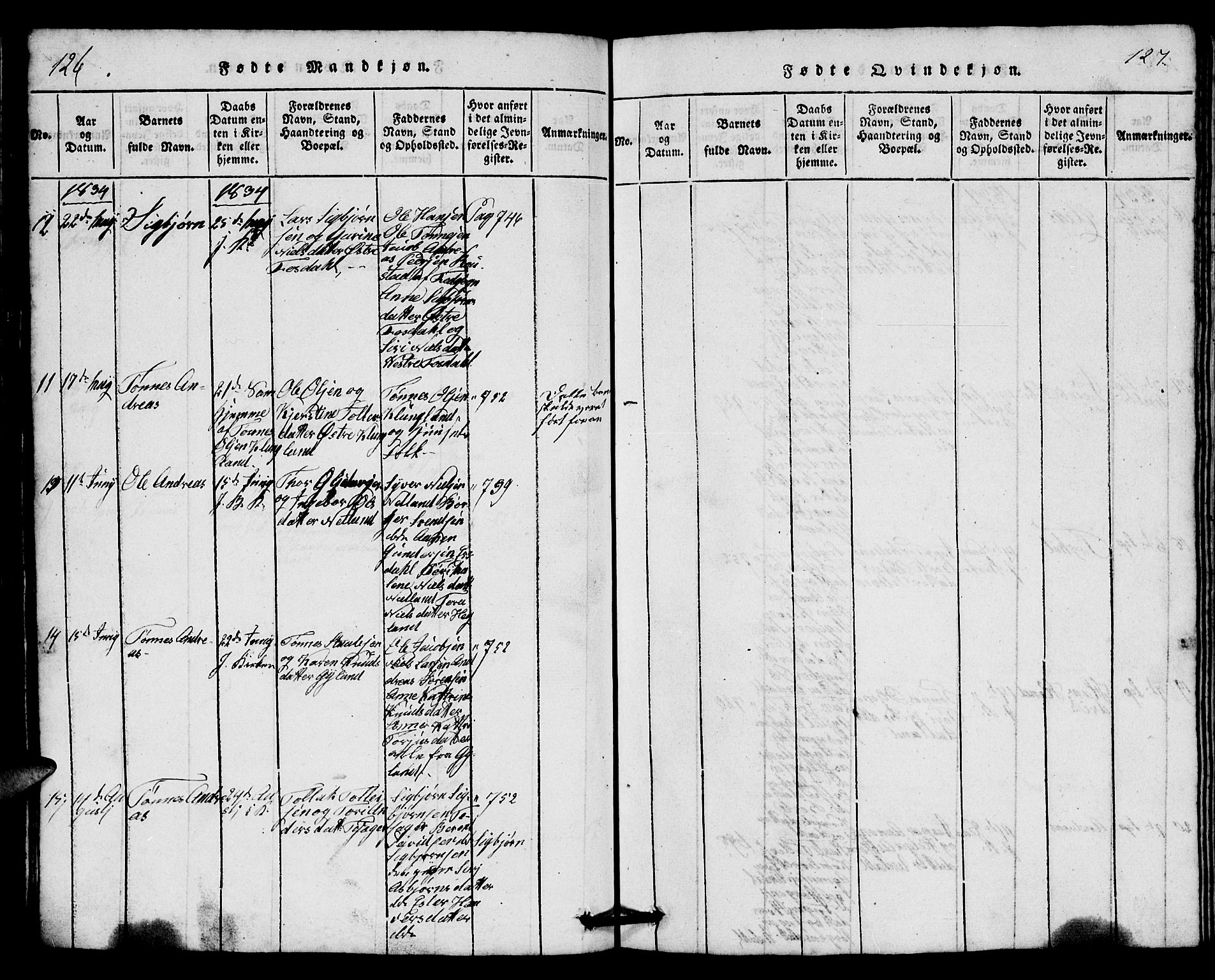 Bakke sokneprestkontor, AV/SAK-1111-0002/F/Fb/Fbb/L0001: Parish register (copy) no. B 1, 1815-1835, p. 126-127