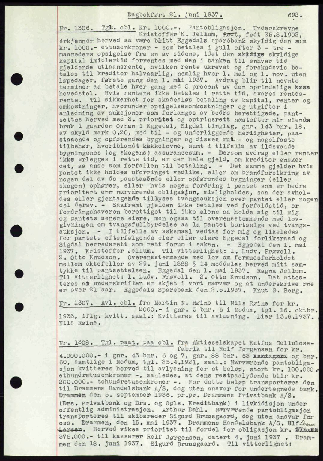 Eiker, Modum og Sigdal sorenskriveri, SAKO/A-123/G/Ga/Gab/L0035: Mortgage book no. A5, 1937-1937, Diary no: : 1306/1937
