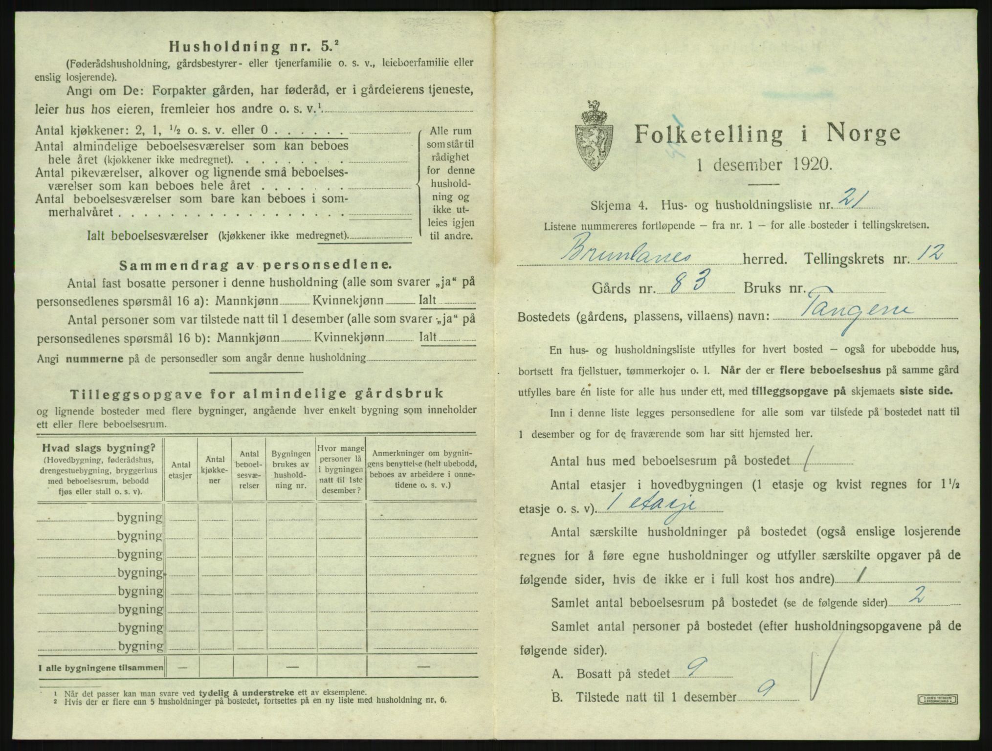 SAKO, 1920 census for Brunlanes, 1920, p. 1737
