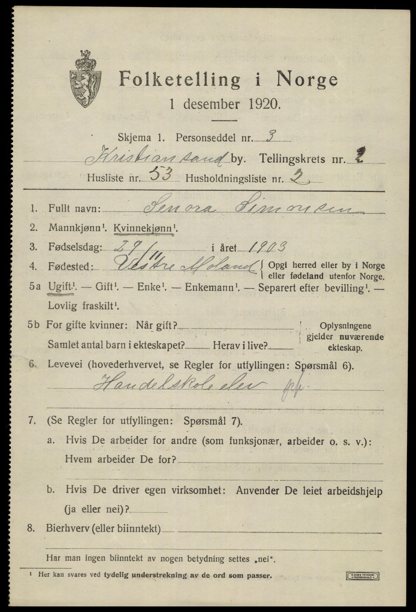 SAK, 1920 census for Kristiansand, 1920, p. 13453