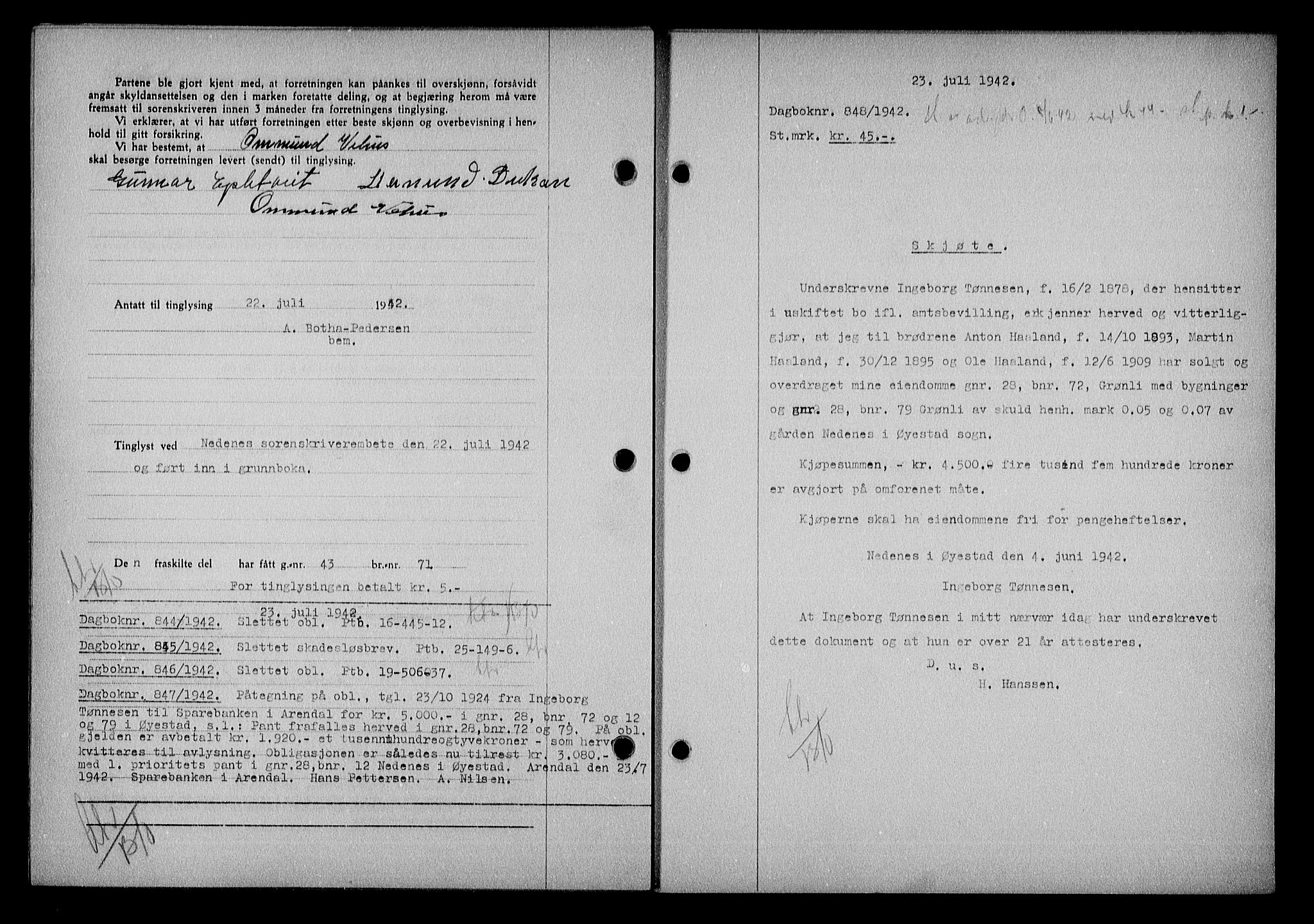 Nedenes sorenskriveri, SAK/1221-0006/G/Gb/Gba/L0049: Mortgage book no. A-III, 1941-1942, Diary no: : 848/1942