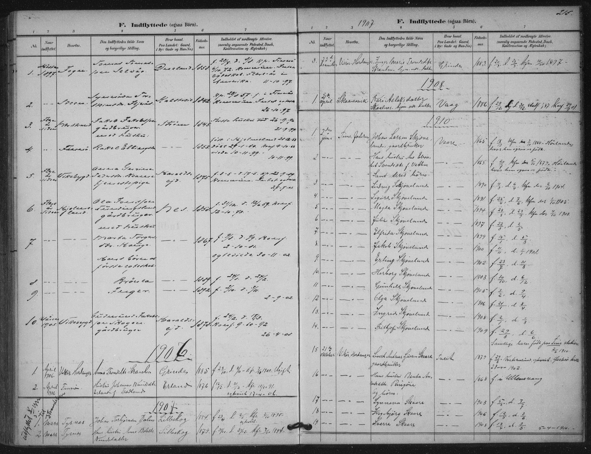 Skjold sokneprestkontor, SAST/A-101847/H/Ha/Haa/L0011: Parish register (official) no. A 11, 1897-1914, p. 215