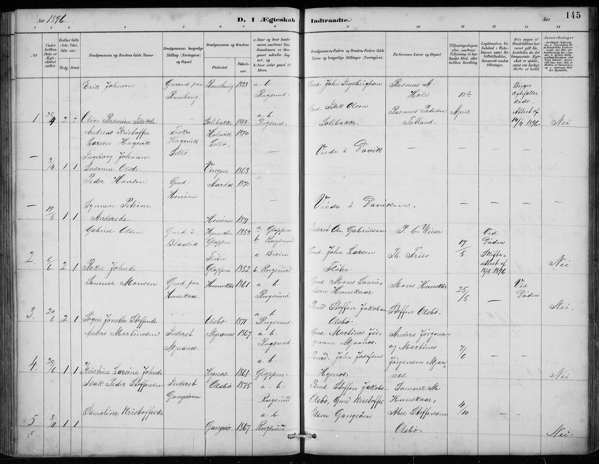 Davik sokneprestembete, SAB/A-79701/H/Hab/Habc/L0002: Parish register (copy) no. C 2, 1889-1906, p. 145