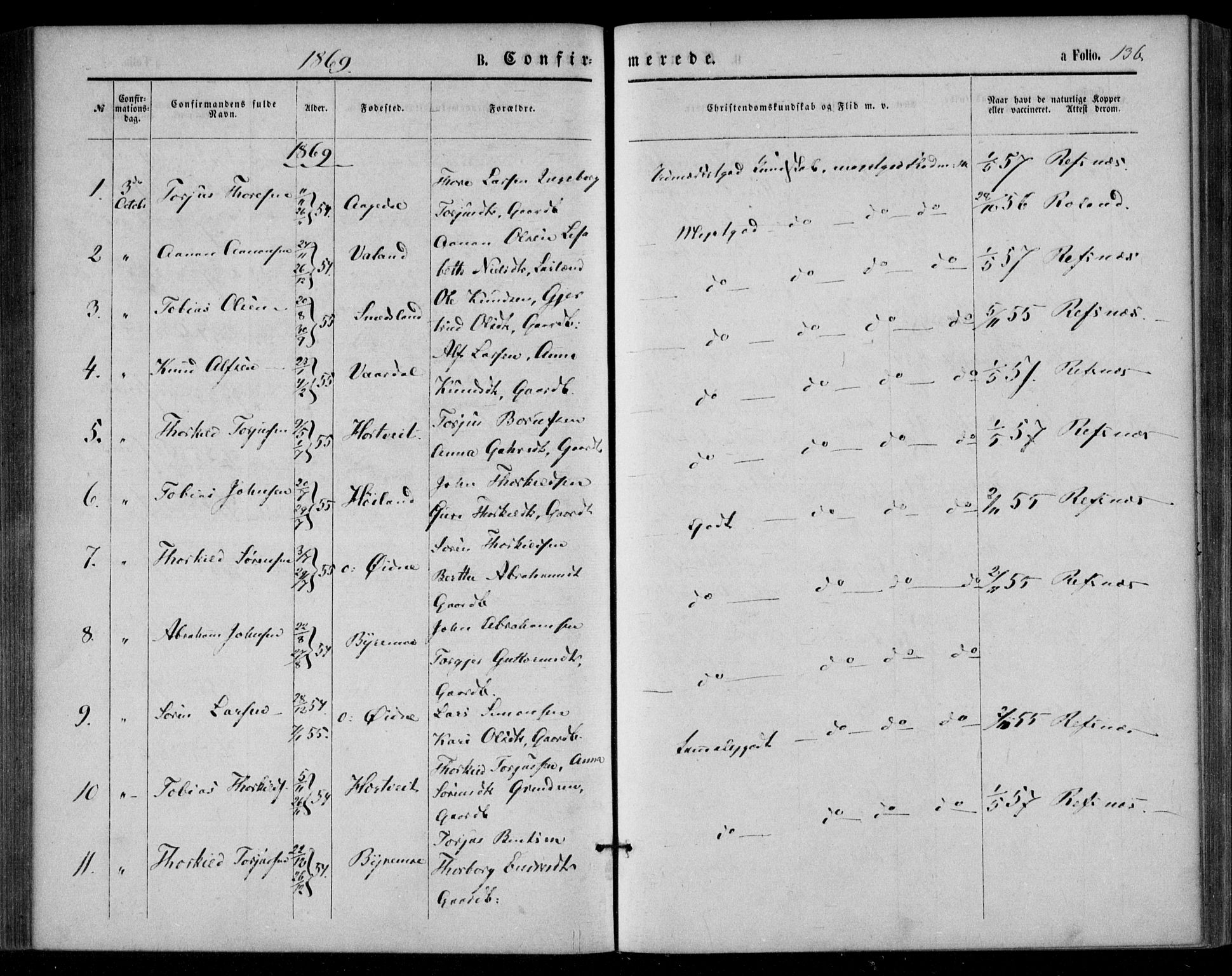 Bjelland sokneprestkontor, SAK/1111-0005/F/Fa/Fac/L0002: Parish register (official) no. A 2, 1866-1887, p. 136