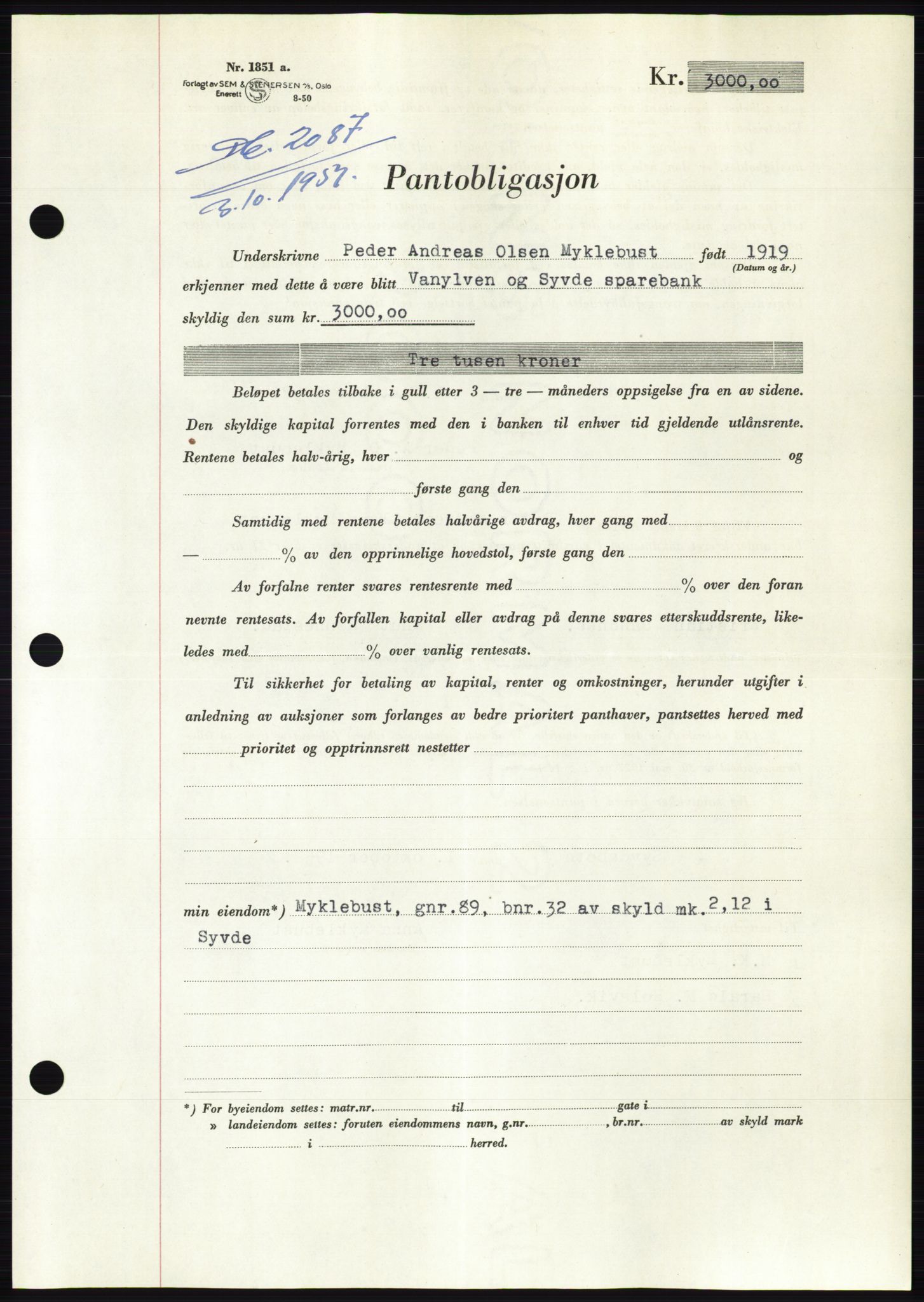 Søre Sunnmøre sorenskriveri, AV/SAT-A-4122/1/2/2C/L0122: Mortgage book no. 10B, 1952-1953, Diary no: : 2087/1952