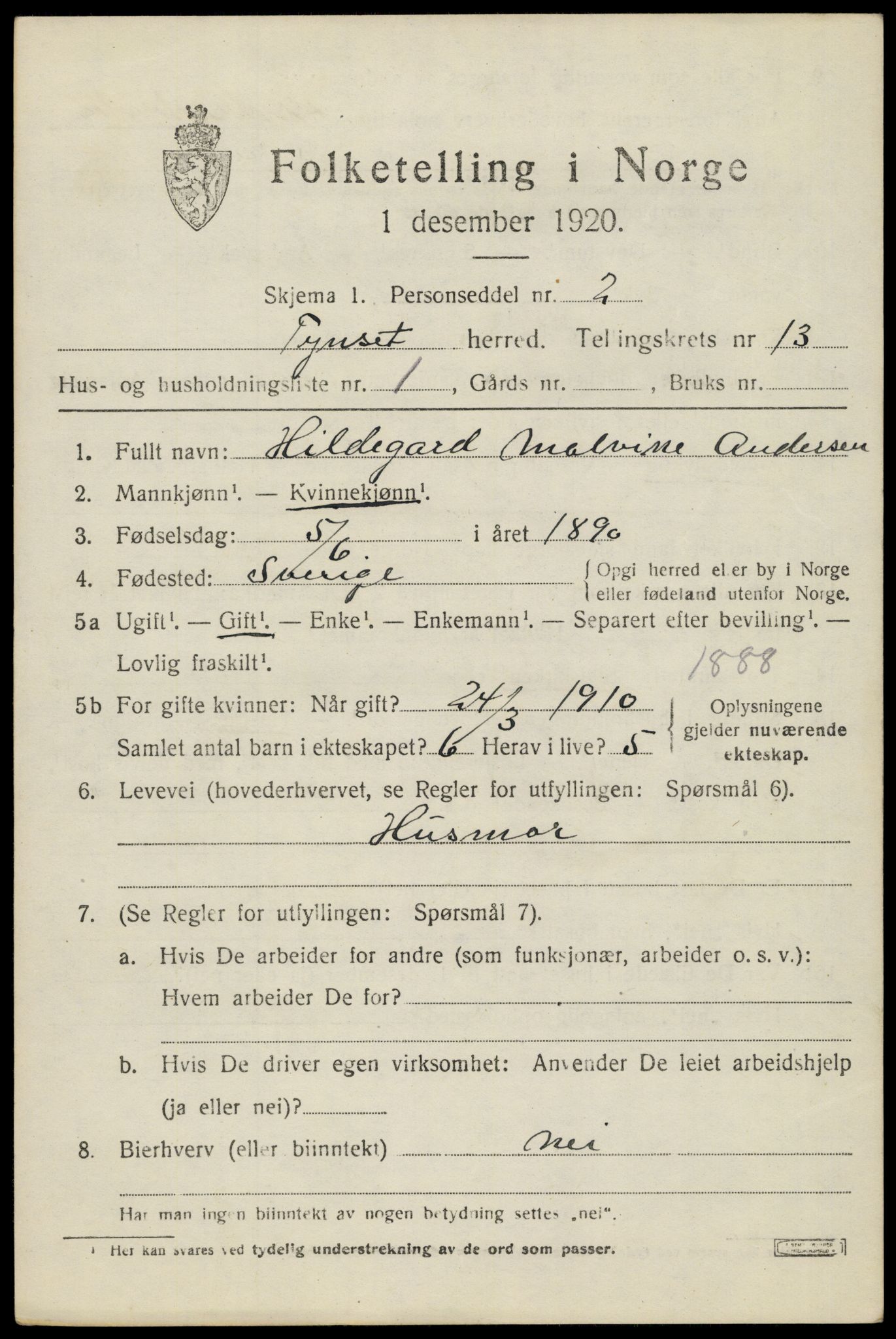 SAH, 1920 census for Tynset, 1920, p. 8500