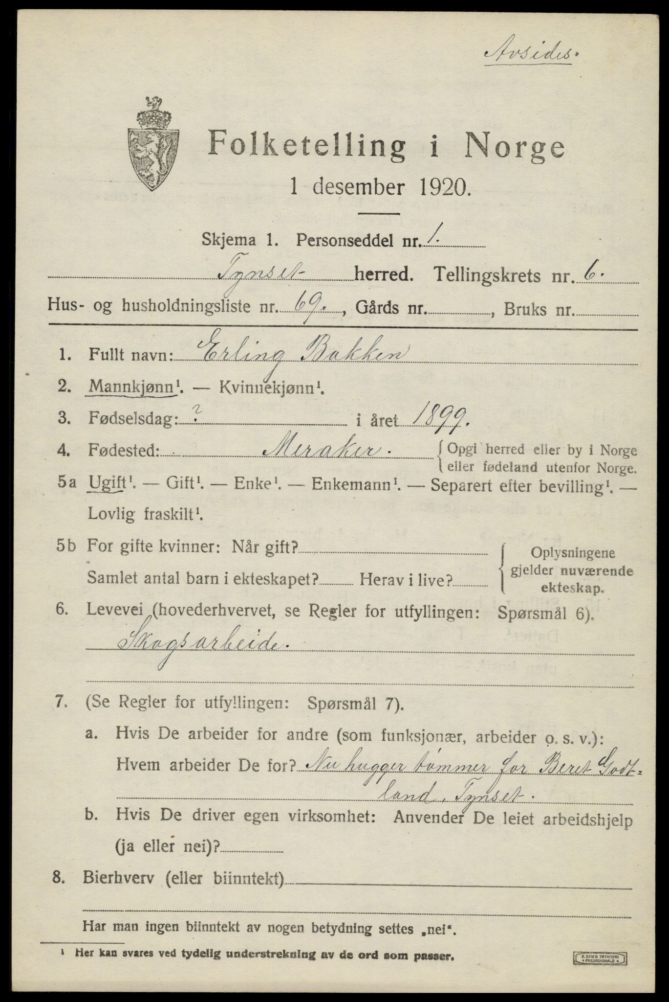 SAH, 1920 census for Tynset, 1920, p. 6168