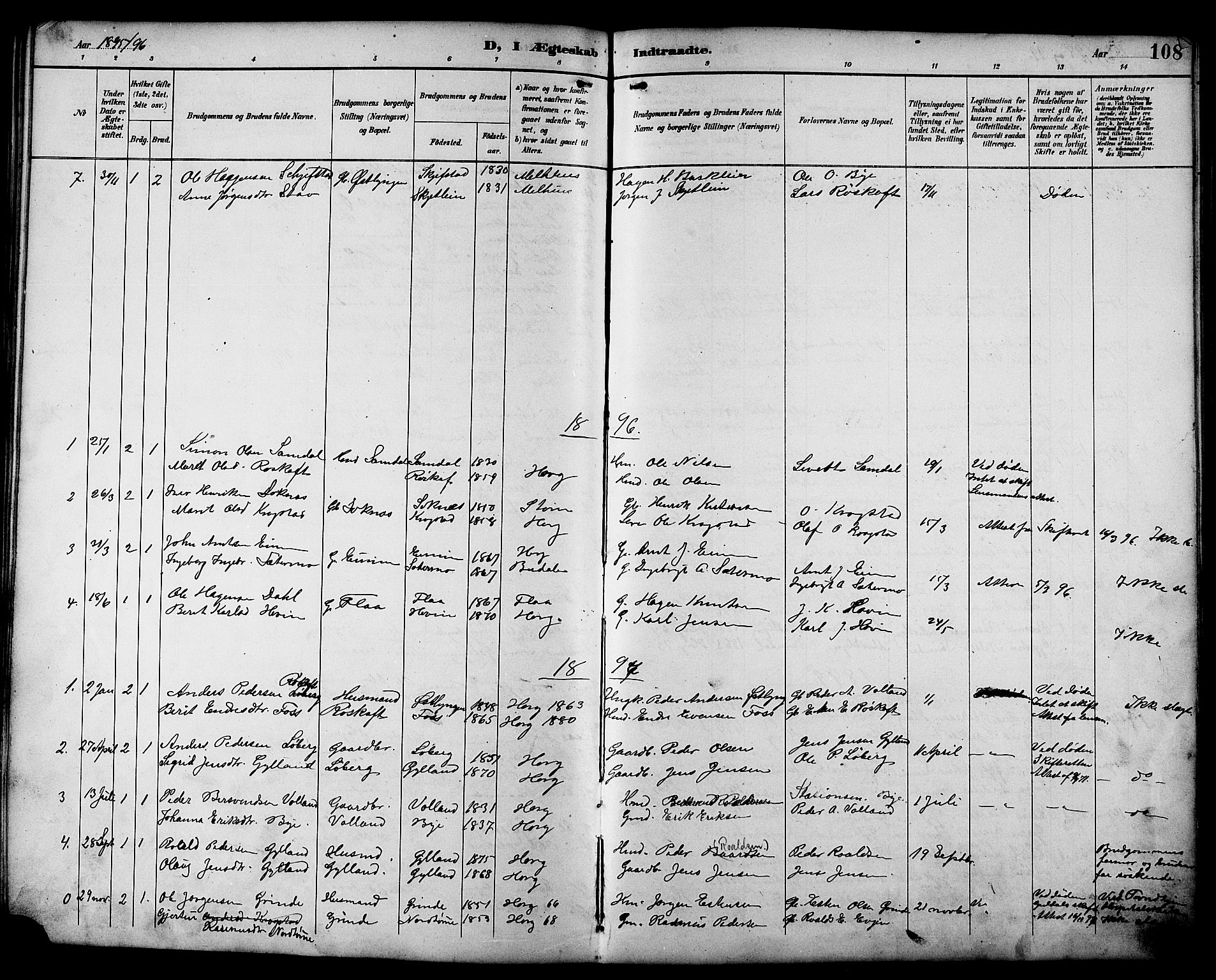 Ministerialprotokoller, klokkerbøker og fødselsregistre - Sør-Trøndelag, AV/SAT-A-1456/692/L1111: Parish register (copy) no. 692C06, 1890-1904, p. 108